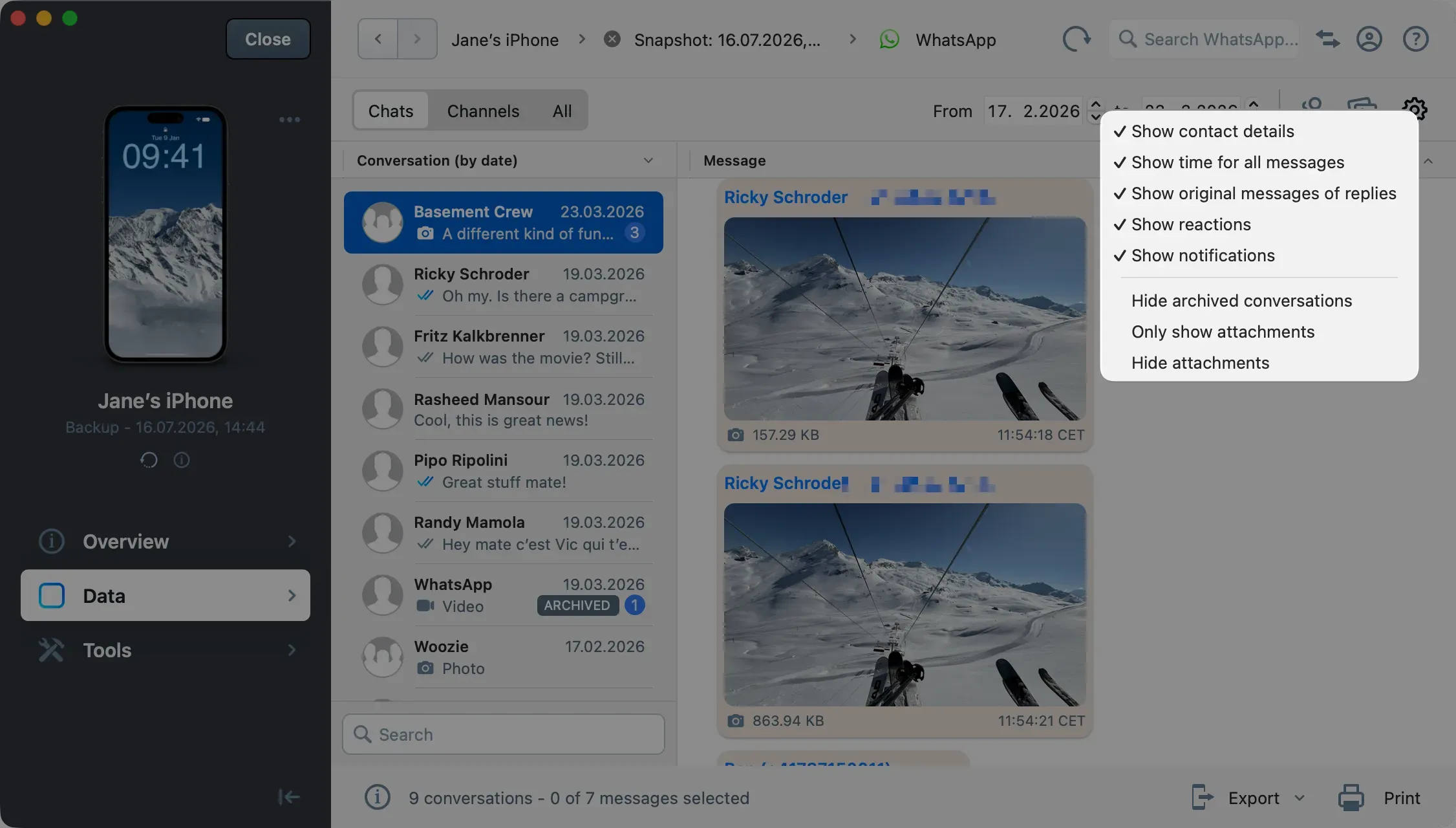 iMazing WhatsApp viewer with conversation list, message panel showing photos, and open display settings dropdown menu
