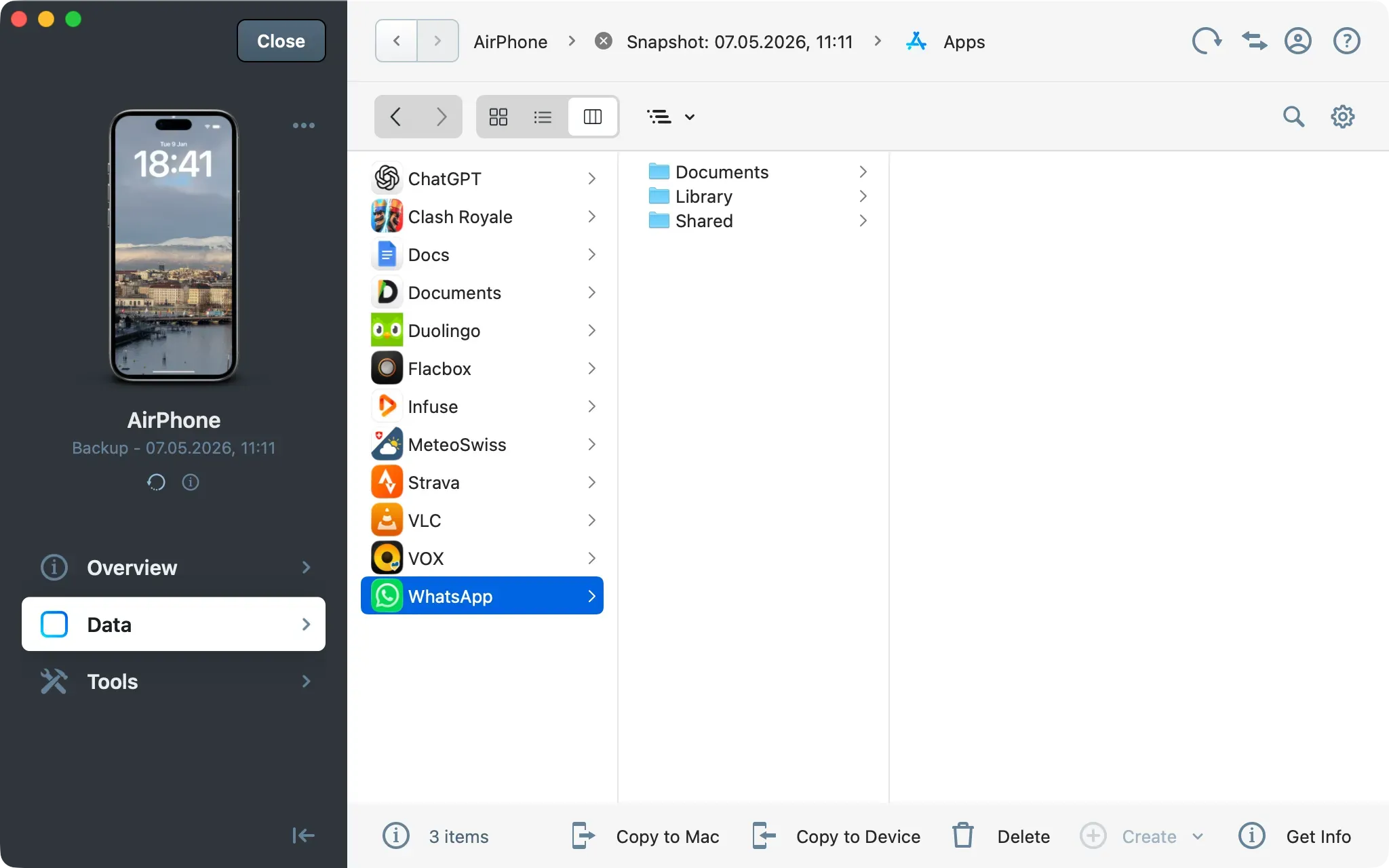 iMazing Data view showing the Apps list from a backup snapshot, with an app selected and Copy to Mac in the bottom toolbar