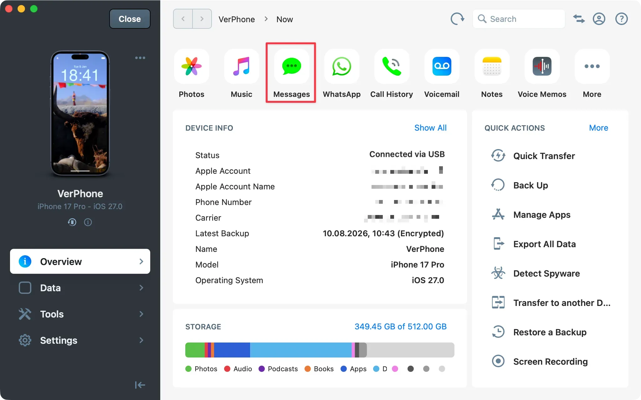 iMazing Device Screen Overview with Messages shortcut highlighted at the top