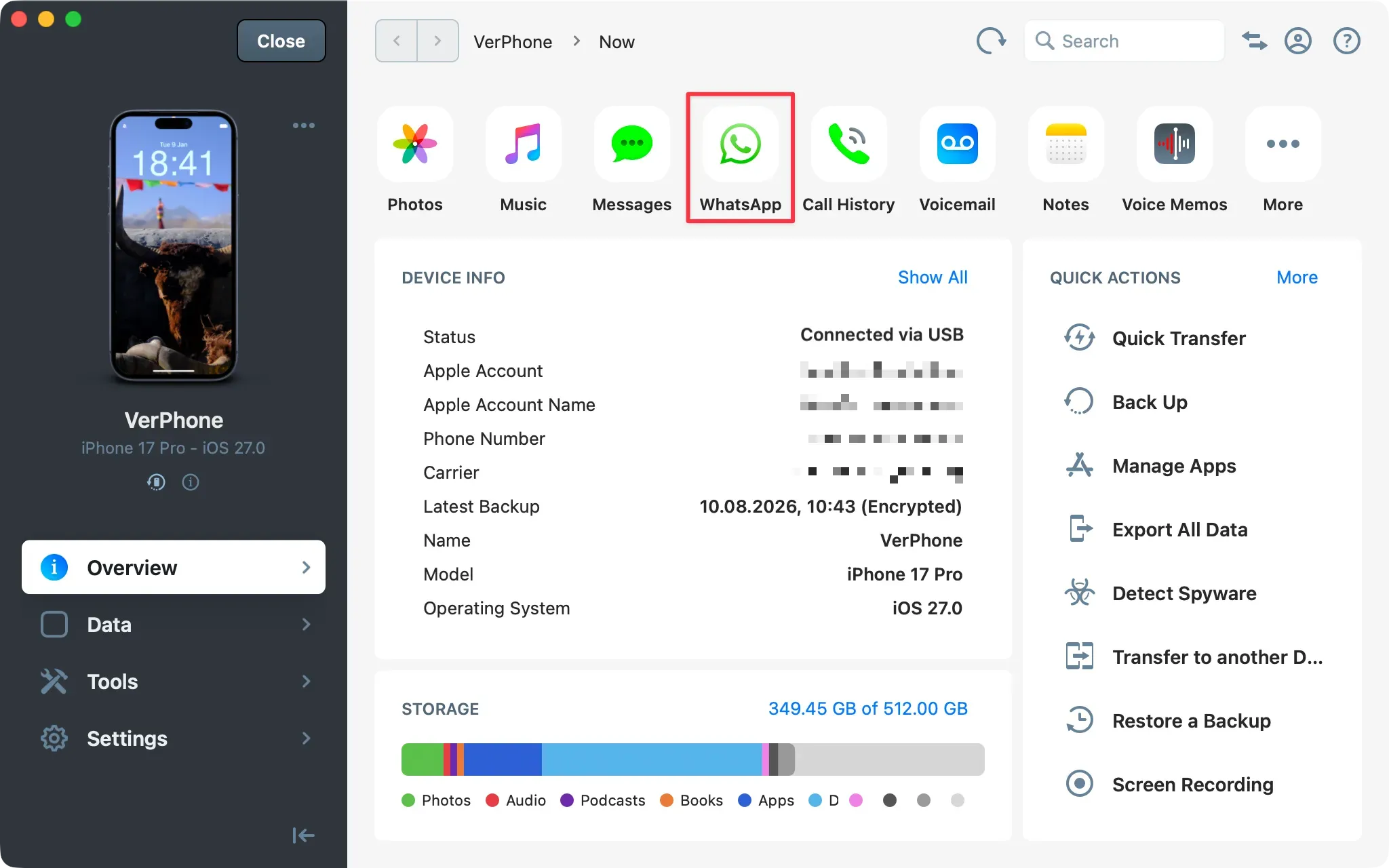 iMazing Device Screen Overview with WhatsApp shortcut highlighted at the top