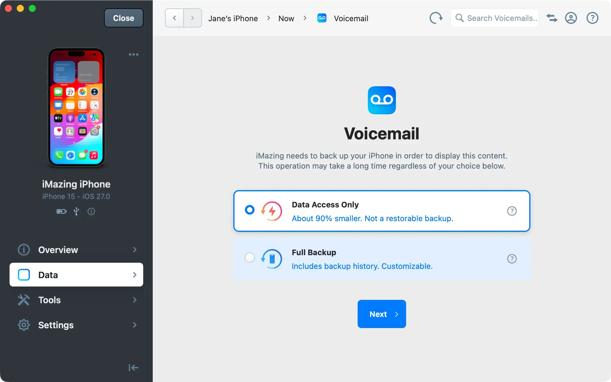 iMazing Voicemail section prompting for a backup with Data Access Only selected and Full Backup as alternative option
