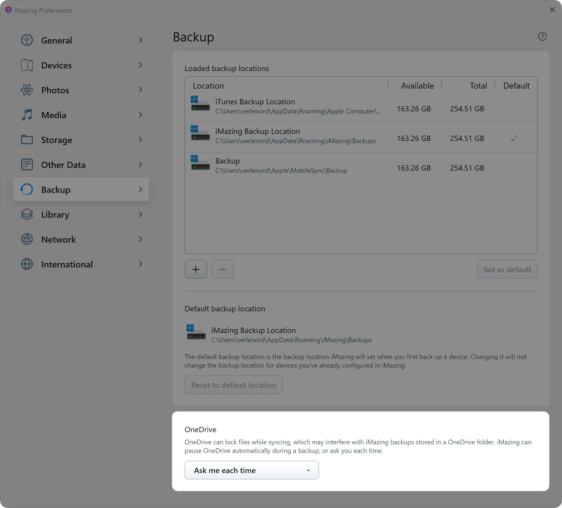 iMazing Preferences window on Windows showing the Backup tab with the OneDrive section at the bottom, where a dropdown is set to Ask me each time