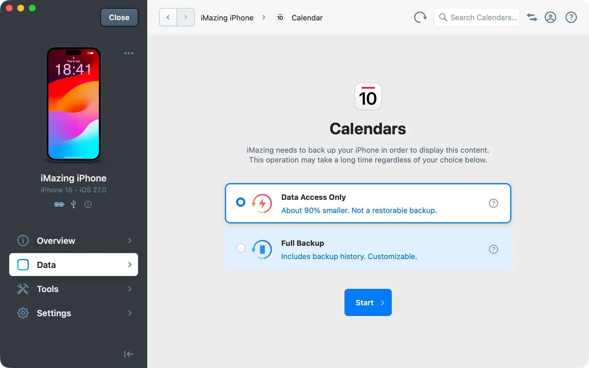 iMazing Calendars screen with Data Access Only selected over Full Backup, above the Start button