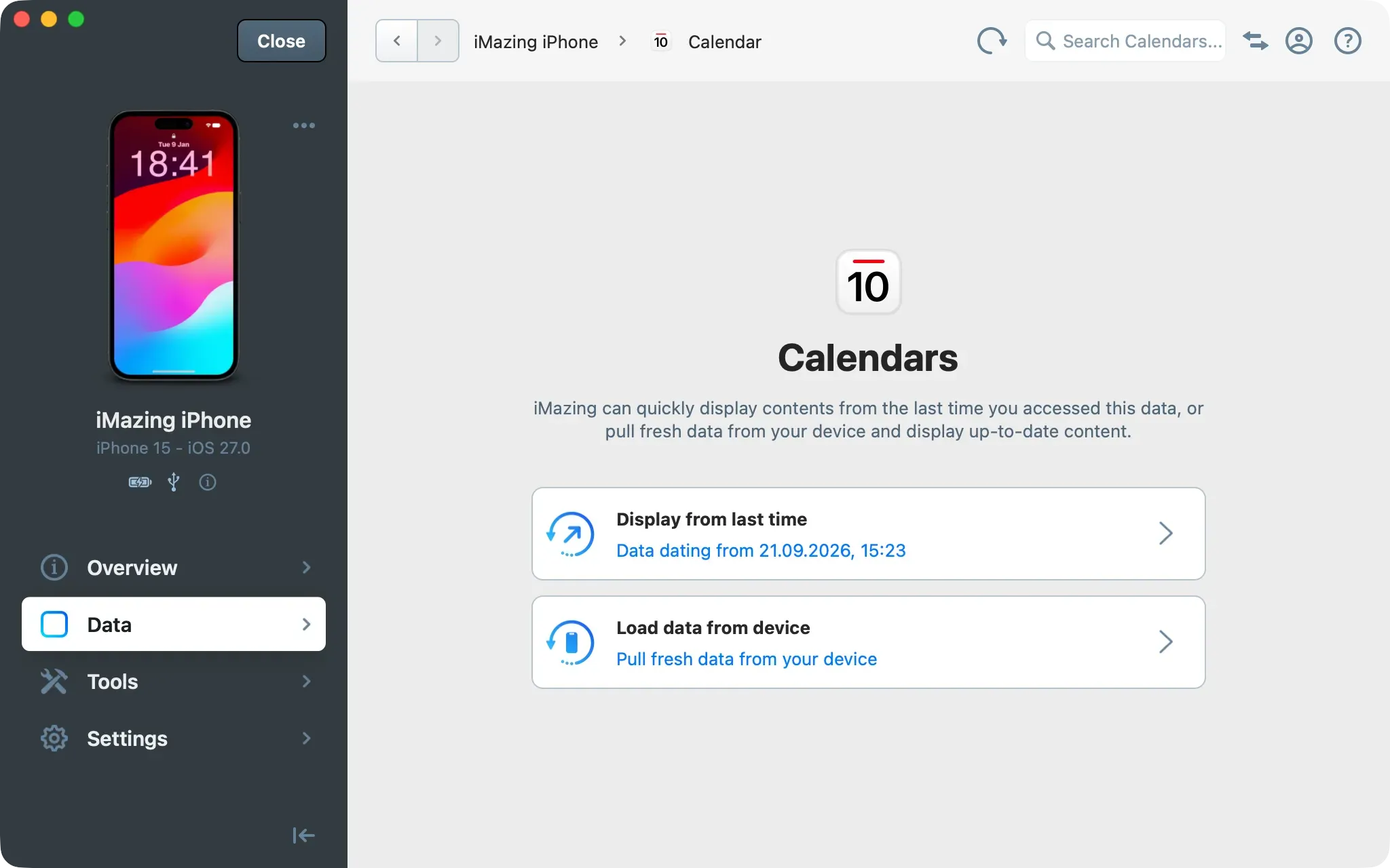 iMazing Calendars screen offering Display from last time with its date, or Load data from device