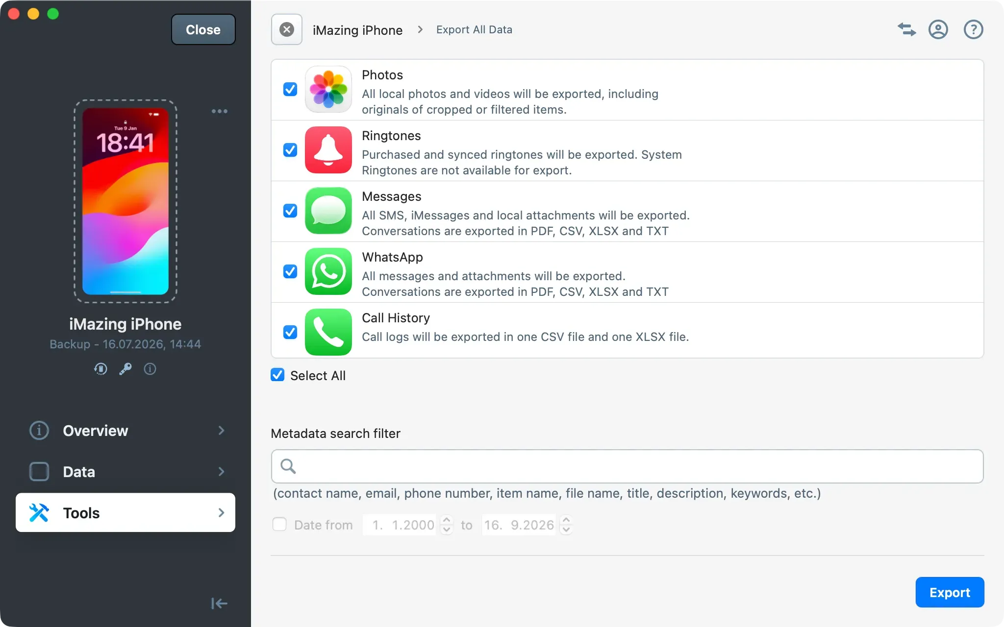 Export All Data wizard in iMazing with all datasets selected, a metadata search filter, and the Export button