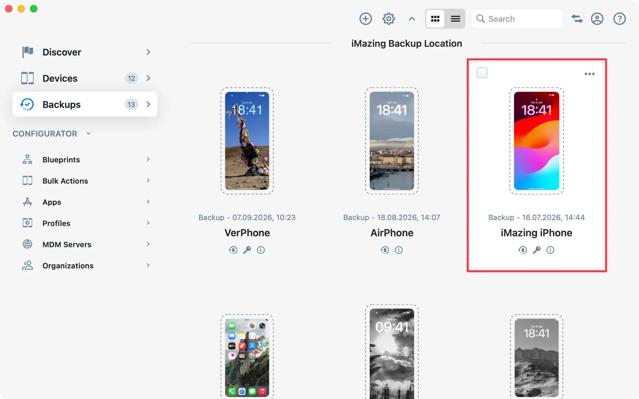 iMazing Backups section with the backup card of one device highlighted in red