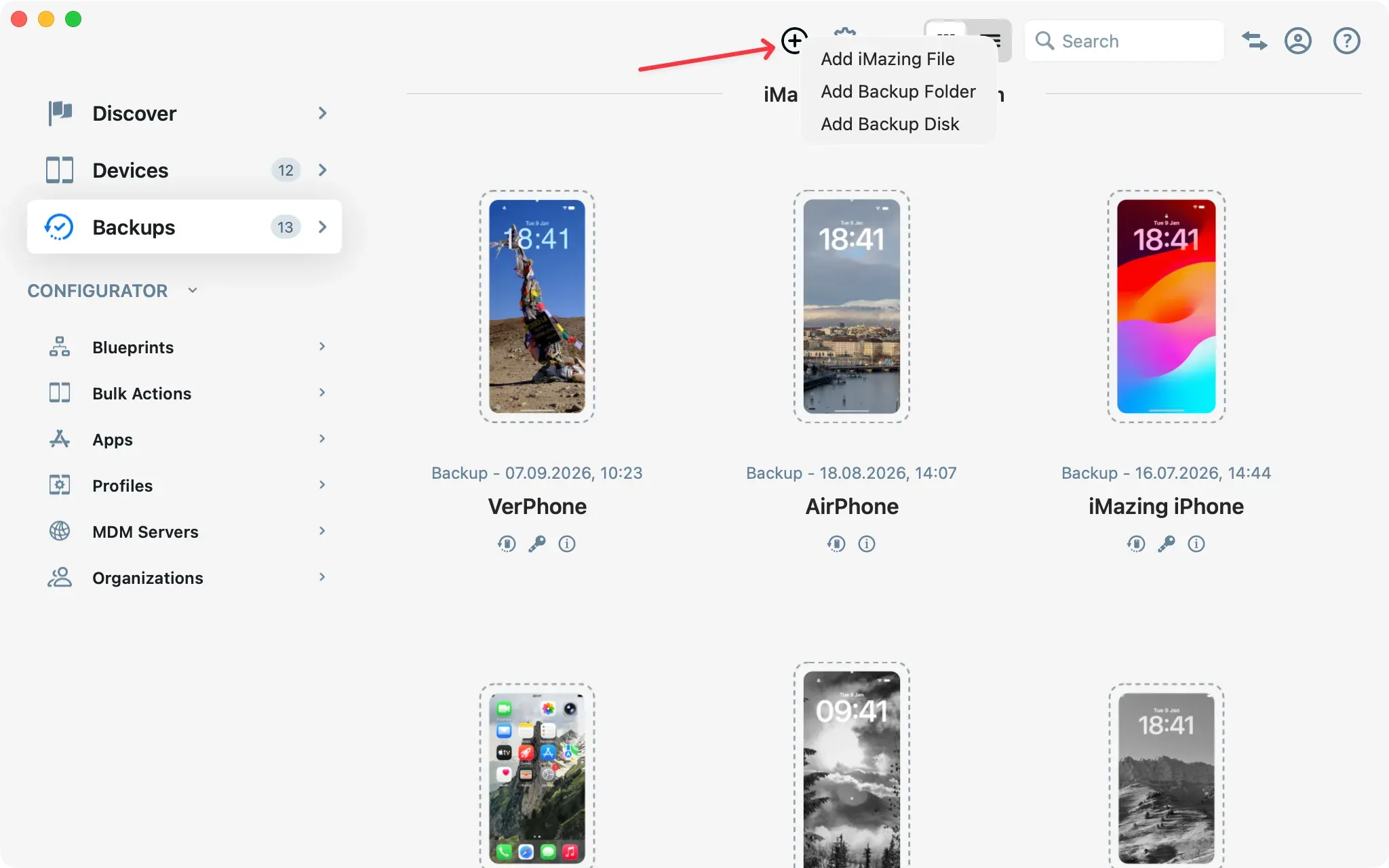 iMazing Backups section with the + menu open showing Add iMazing File, Add Backup Folder, and Add Backup Disk