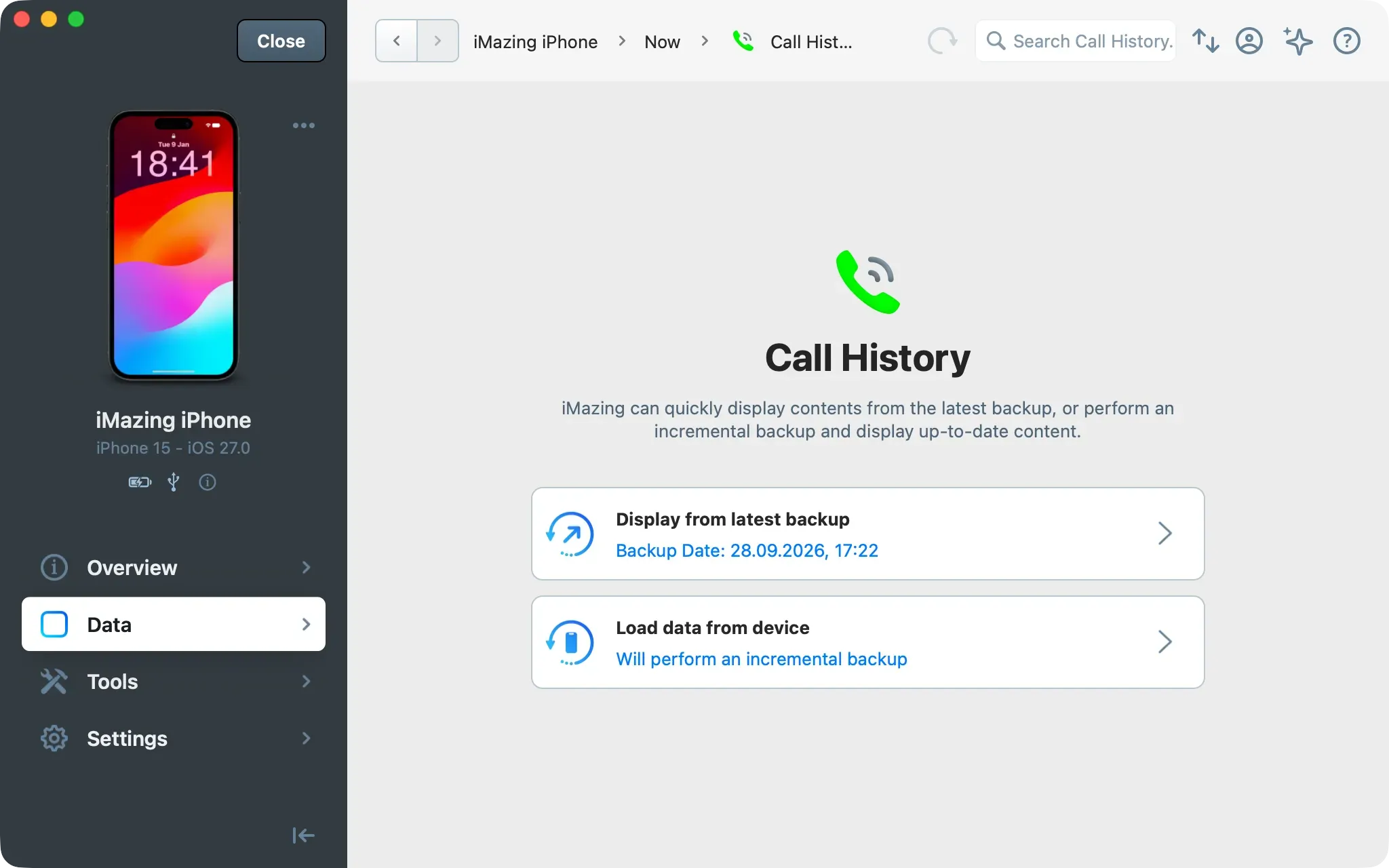 iMazing Call History screen offering Display from latest backup with its date, or Load data from device