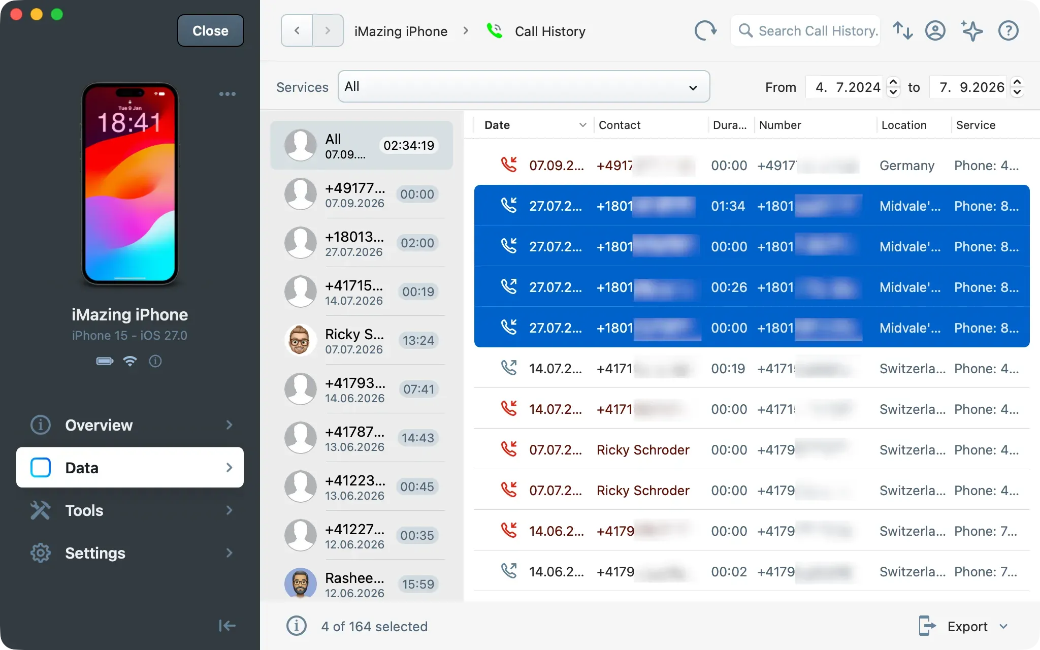 iMazing Call History list with four calls selected and 4 of 164 selected shown in the status bar