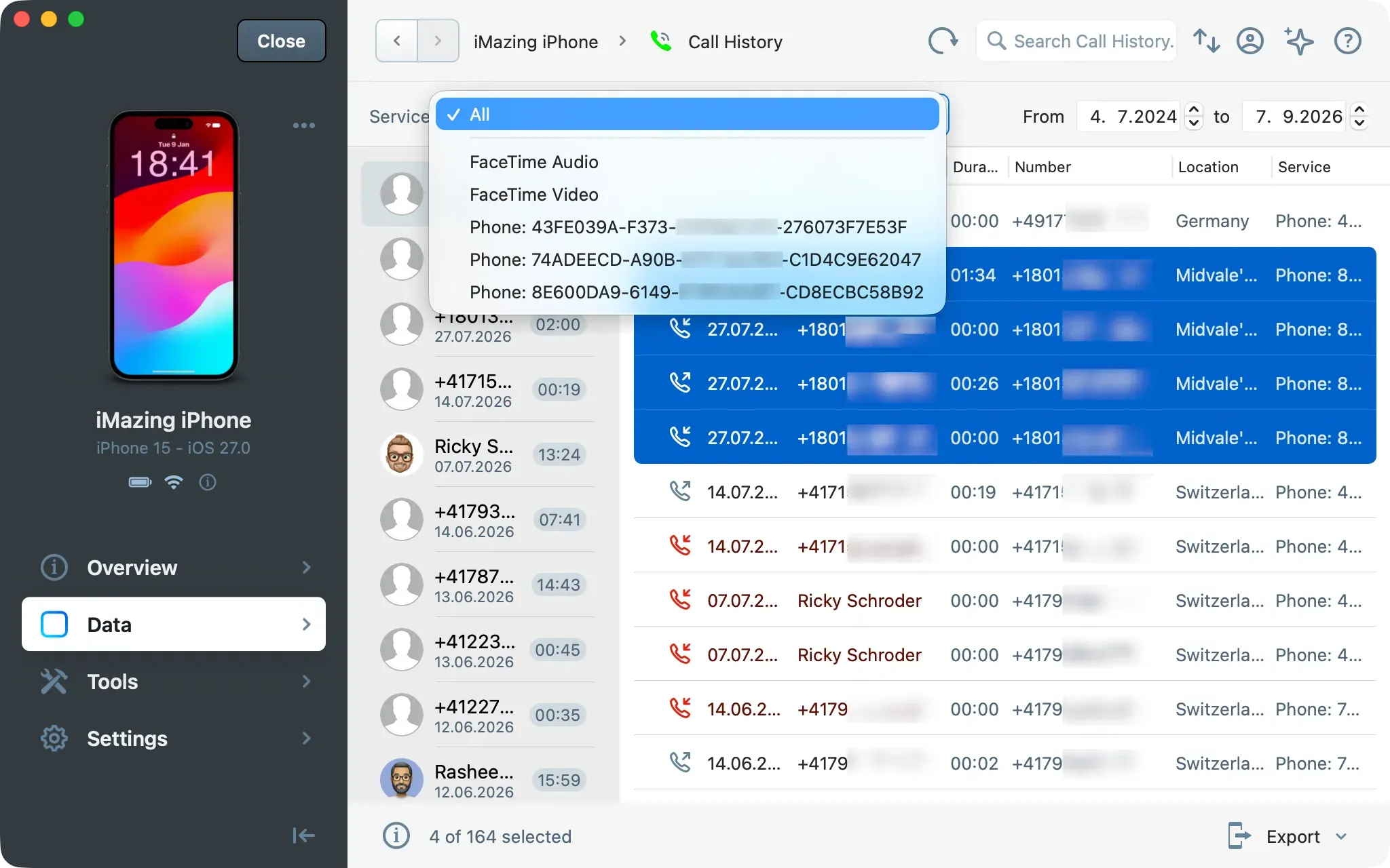 iMazing Call History with the Services menu open, listing All, FaceTime Audio, FaceTime Video and three phone lines