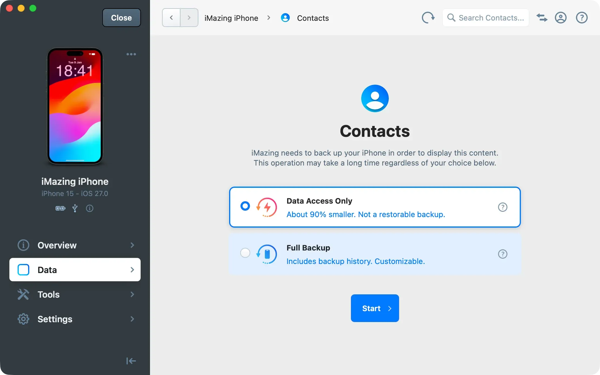 iMazing Contacts backup type options, Data Access Only selected, Full Backup below