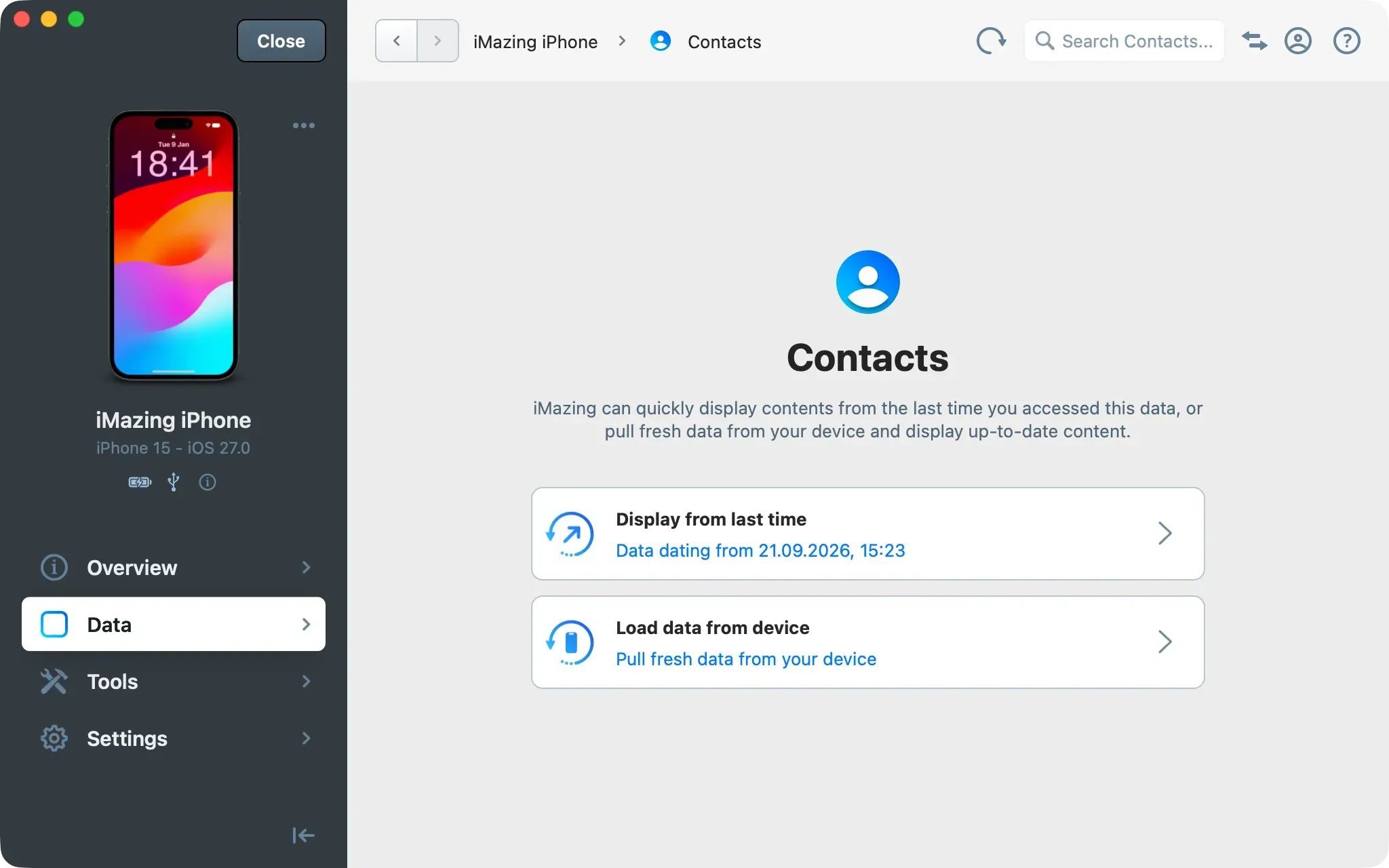 iMazing Contacts screen offering Display from last time with its date, or Load data from device
