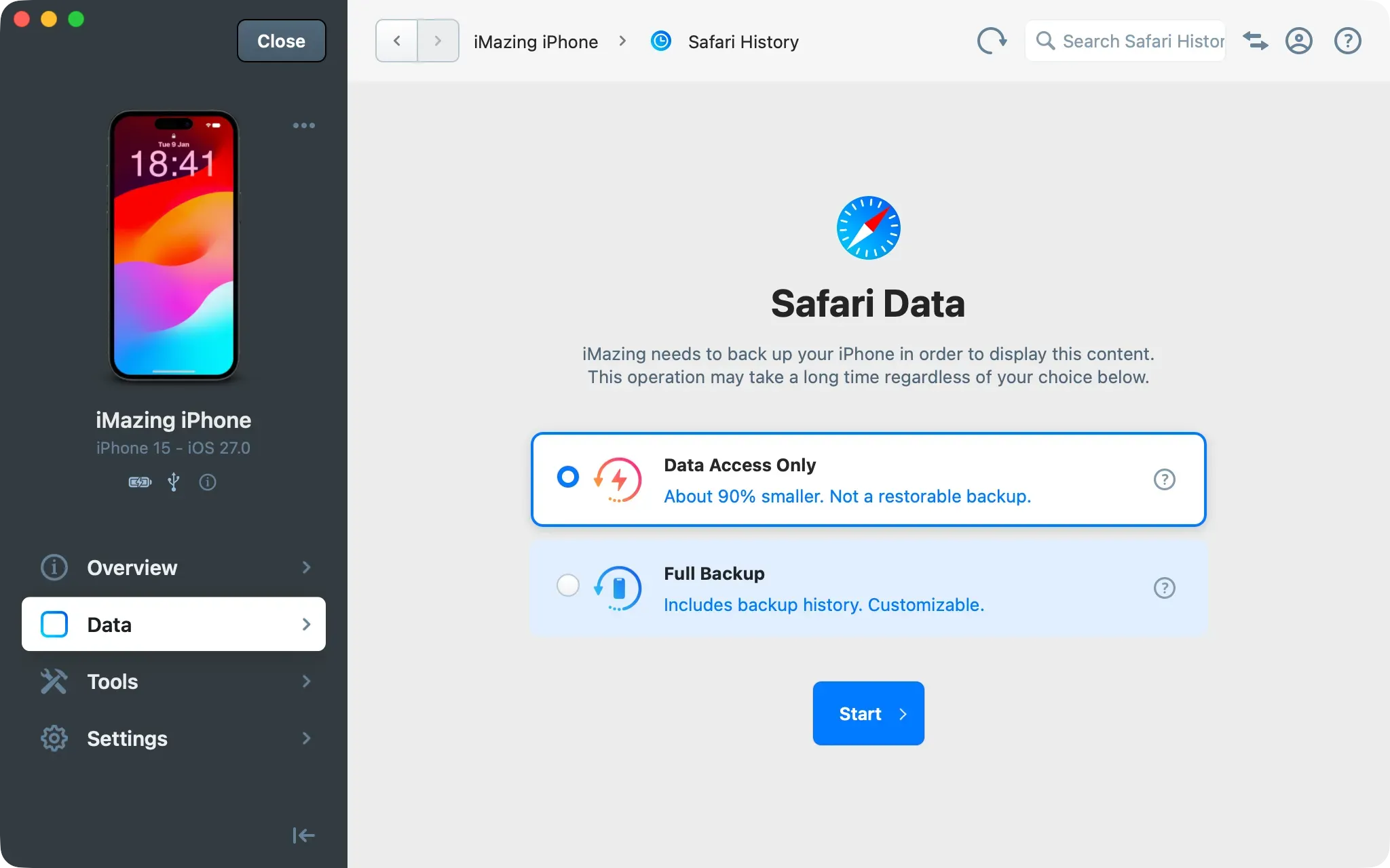 Safari Data backup options with Data Access Only selected above Full Backup, and the Start button below