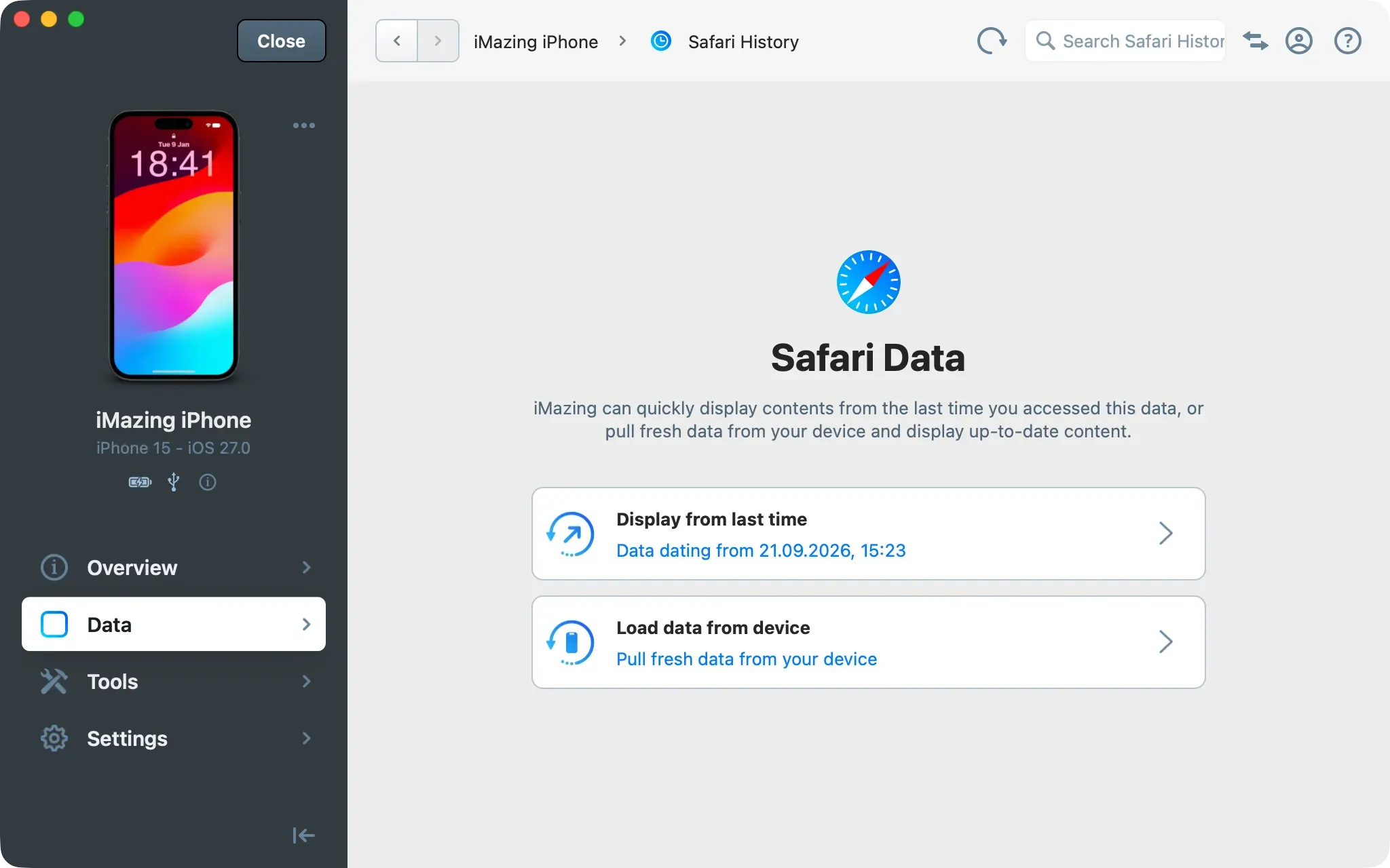 iMazing Safari Data prompt offering Display from last time with the date of the last backup, or Load data from device