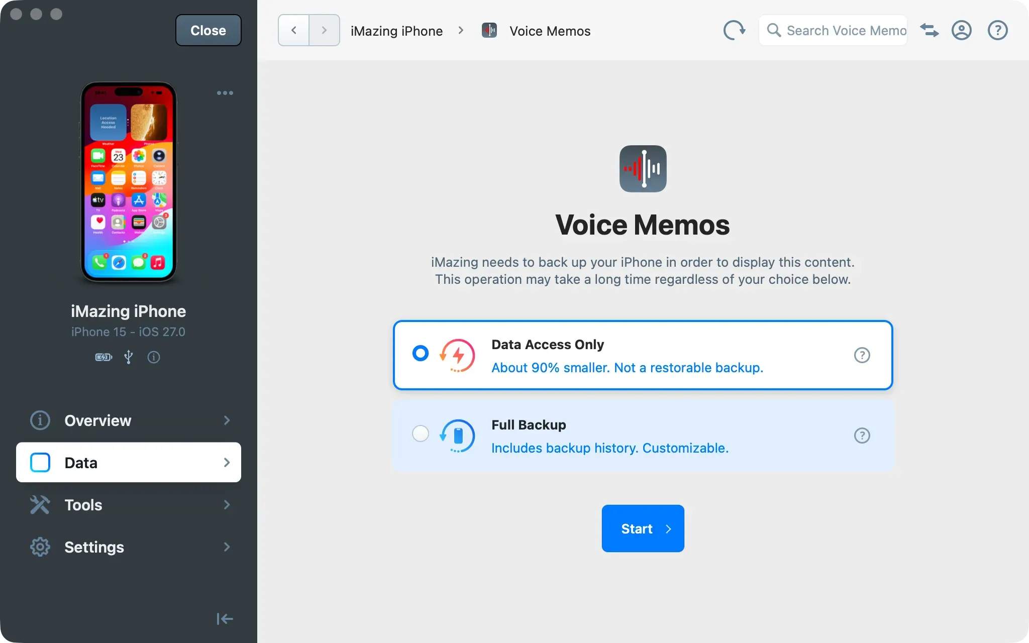 iMazing Voice Memos backup type options, Data Access Only selected, Full Backup below