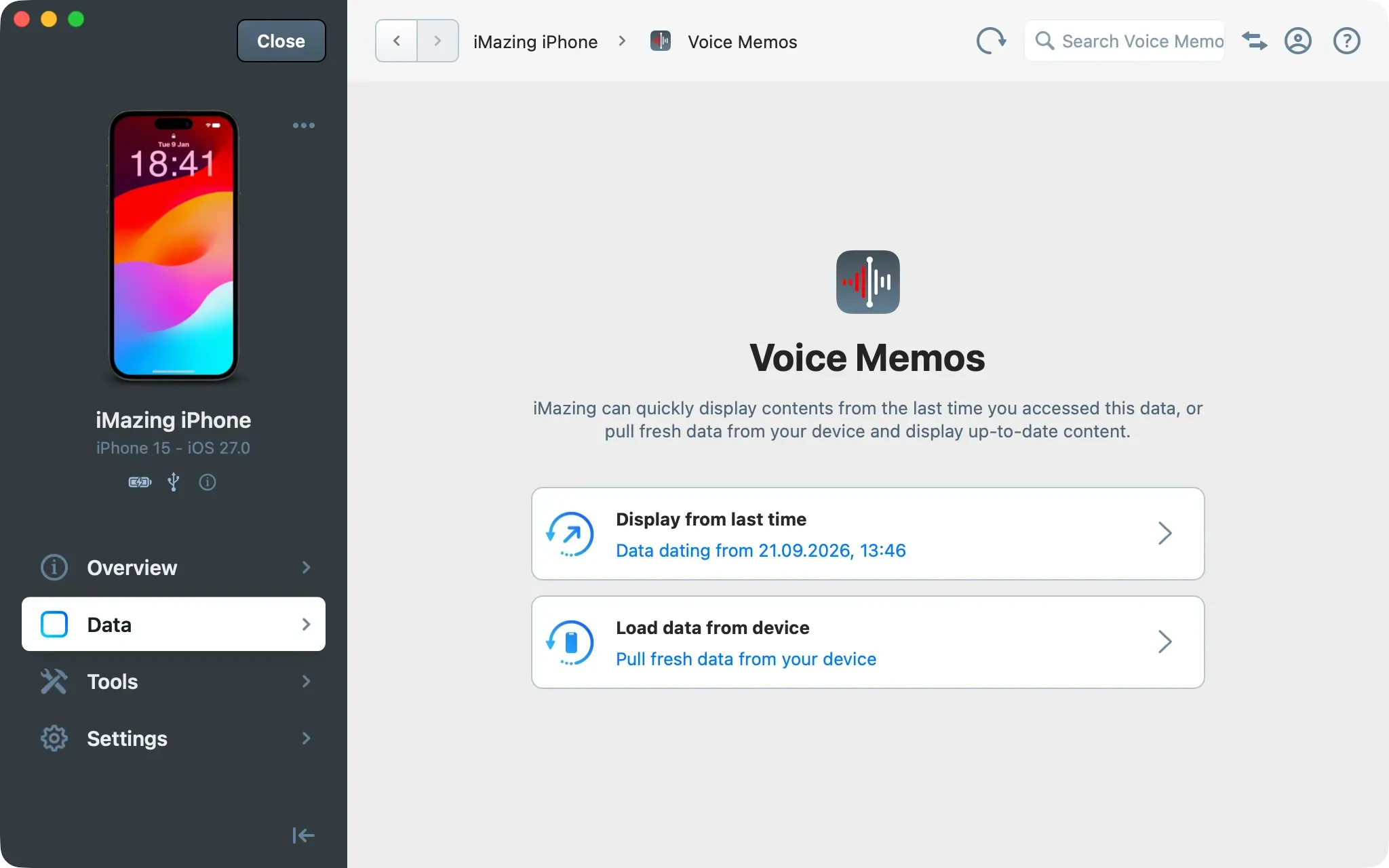 iMazing Voice Memos screen offering Display from last time with its date, or Load data from device