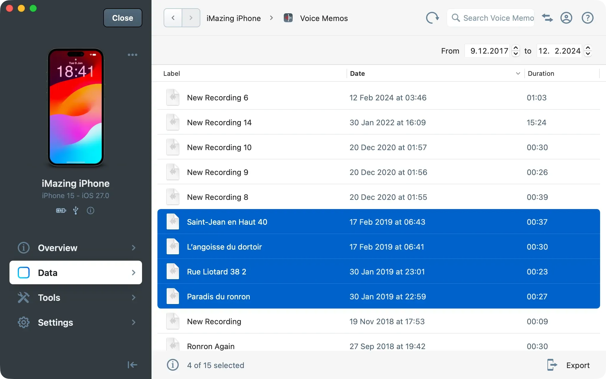 iMazing Voice Memos list with four recordings selected, 4 of 15 selected shown above the Export button