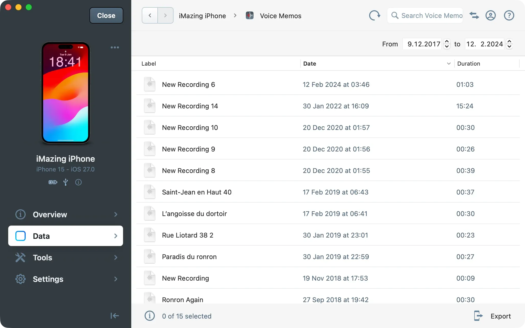 iMazing Voice Memos list with recording labels, dates and durations, date range filter and Export button