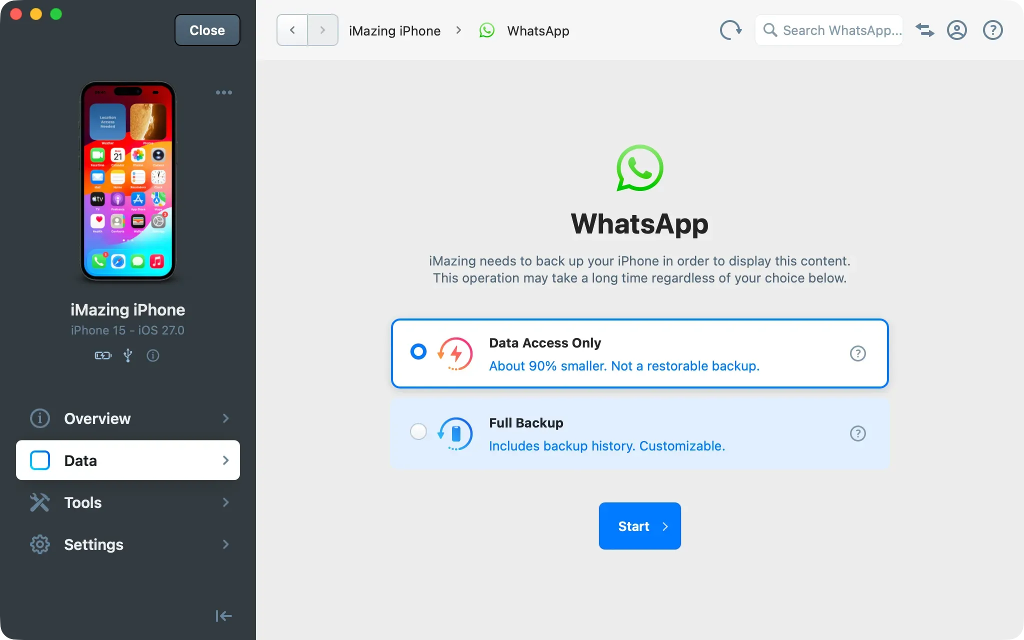 iMazing WhatsApp backup type options, Data Access Only selected, Full Backup below