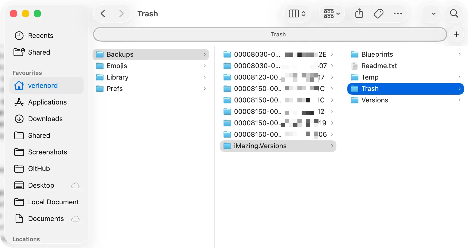 Finder showing the Trash folder inside iMazing.Versions in the Backups folder, alongside Blueprints, Temp, and Versions