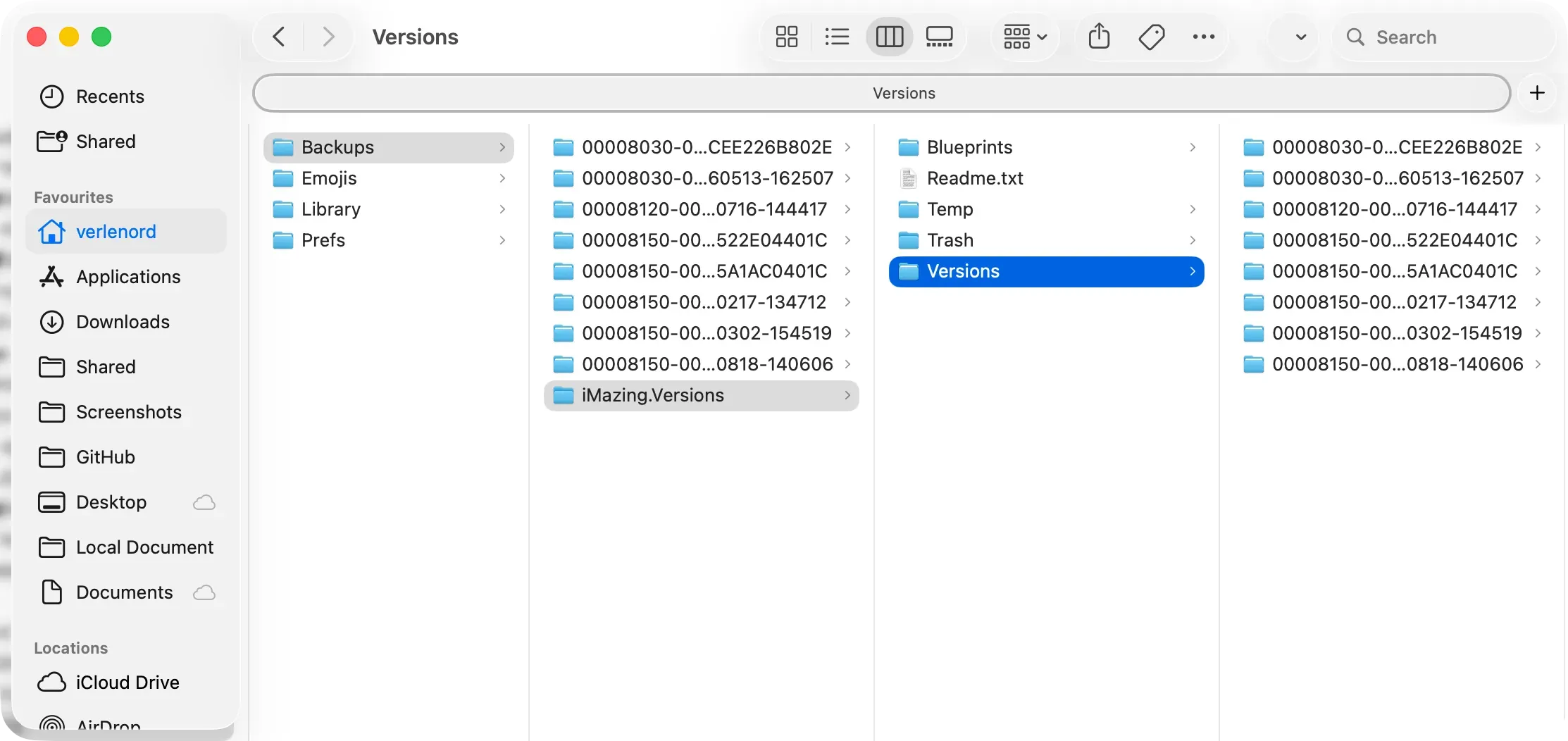 Finder showing the Versions folder inside iMazing.Versions with one folder per backed-up device in the Backups location