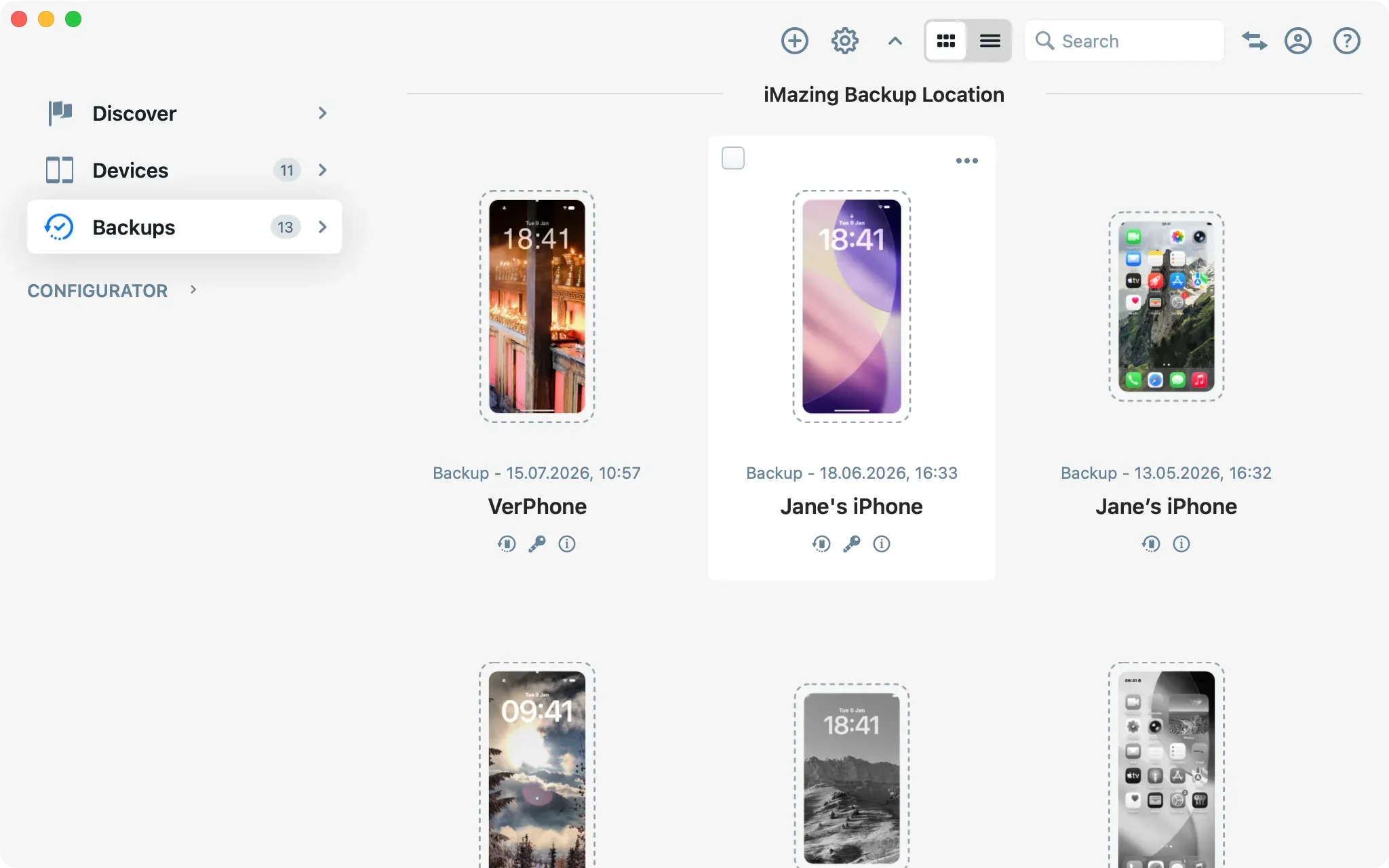 iMazing Home Screen with Backups selected in the sidebar showing saved device backups