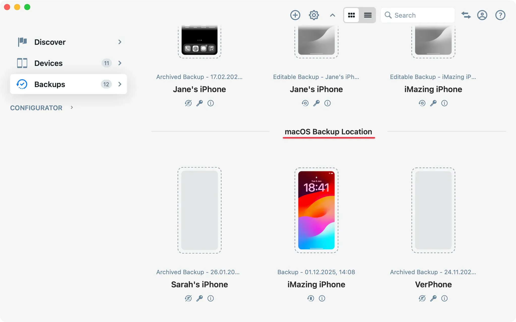 iMazing Backup section showing maOS Backup Location