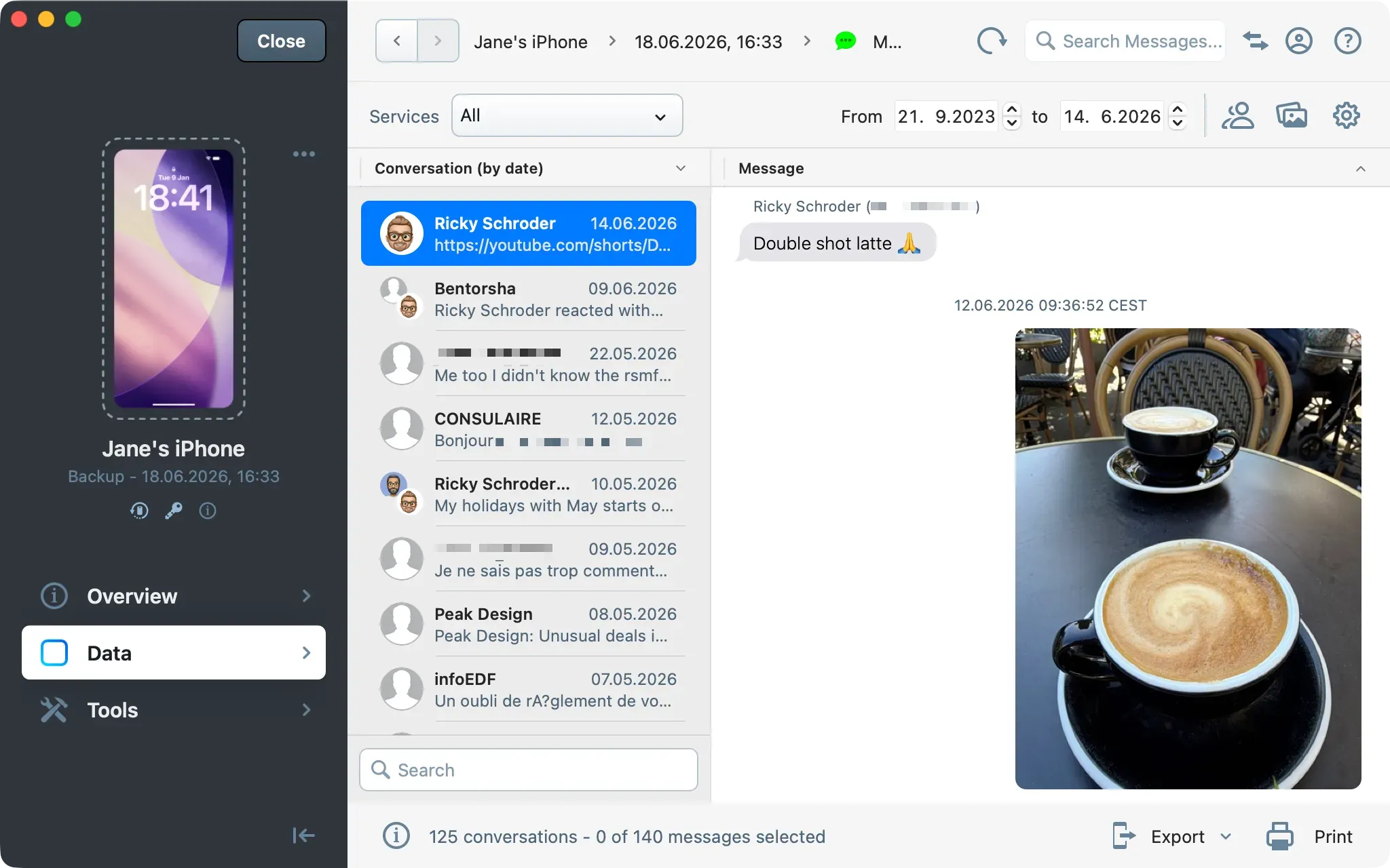 iMazing Messages section showing conversation list, search field, and Export button in bottom toolbar