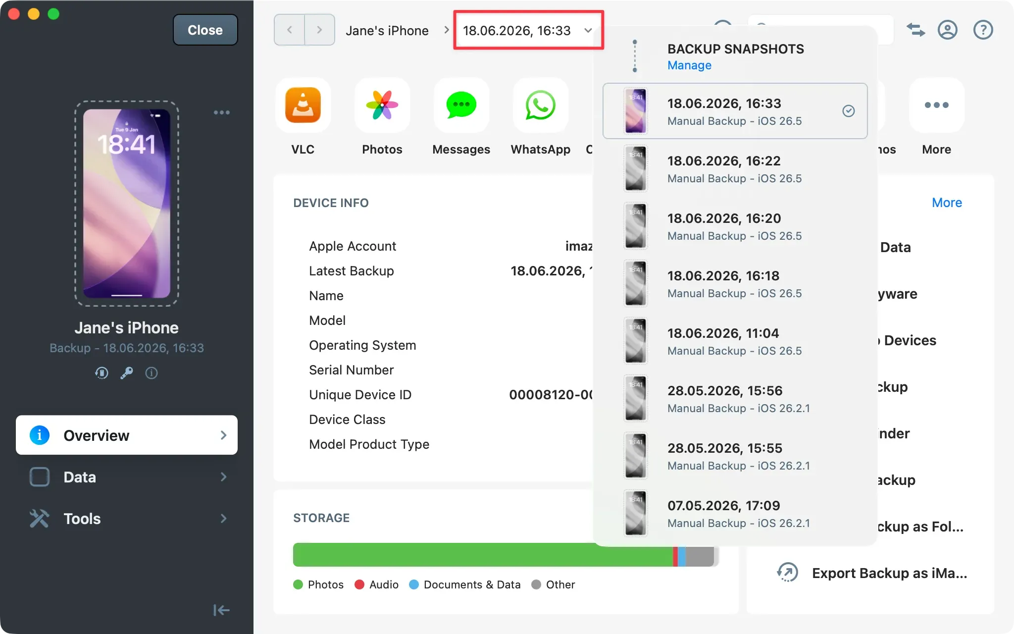 iMazing navigation bar with snapshot date highlighted and Backup Snapshots dropdown menu expanded