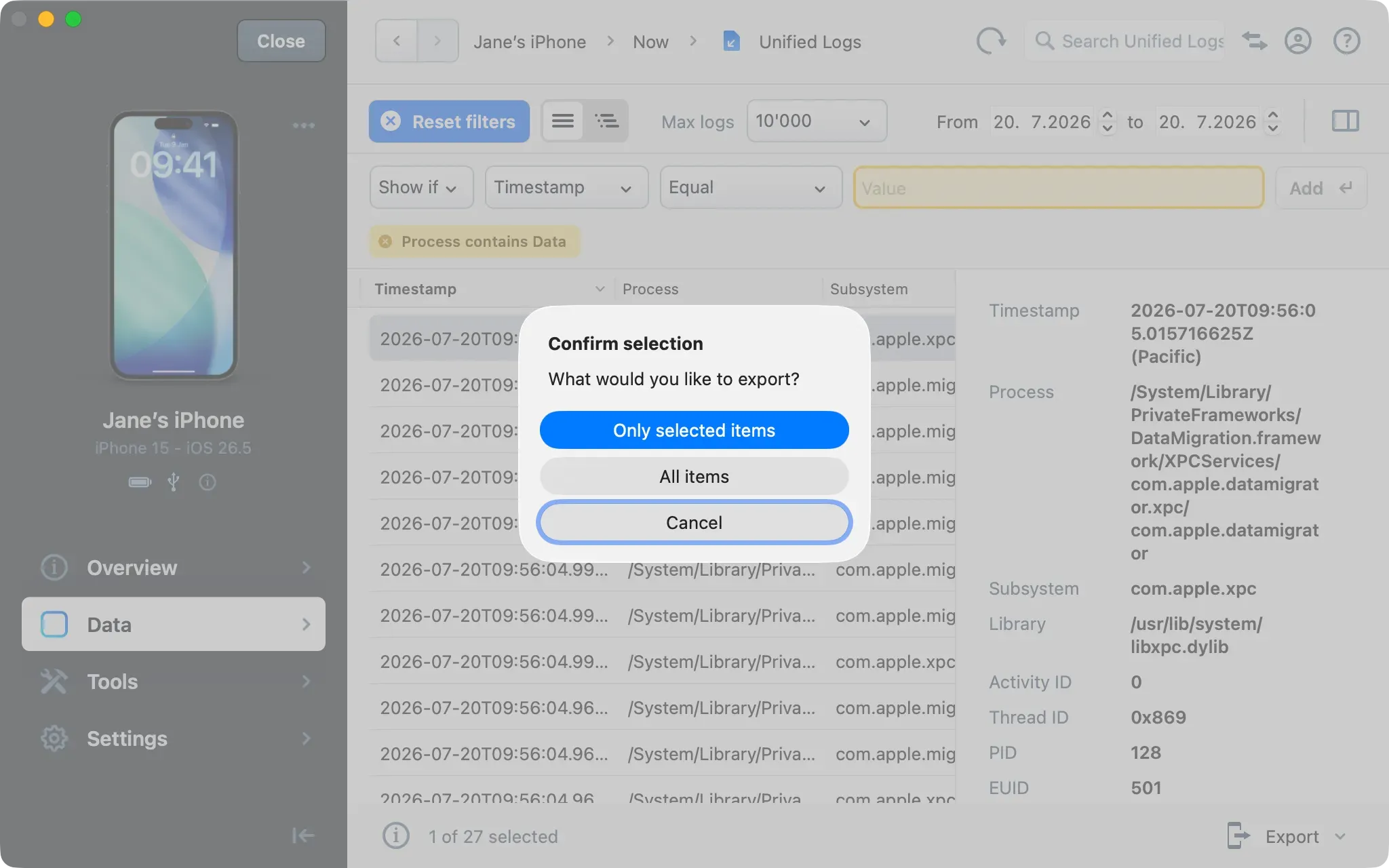 Export confirmation dialog with Only selected items and All items in iMazing Unified Logs view