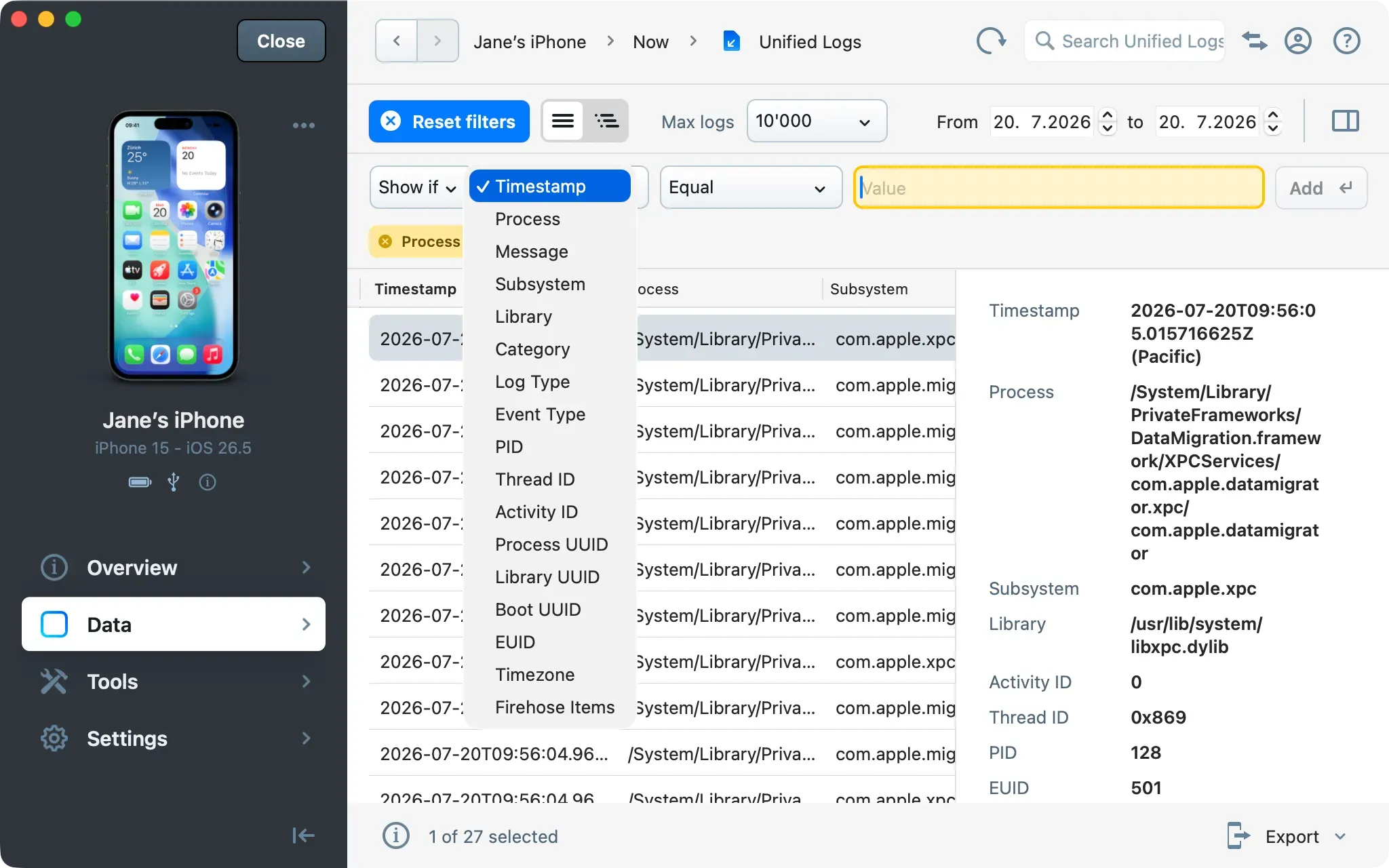 Filter bar with Show if dropdown, field selector, and active filter pill in iMazing Unified Logs view
