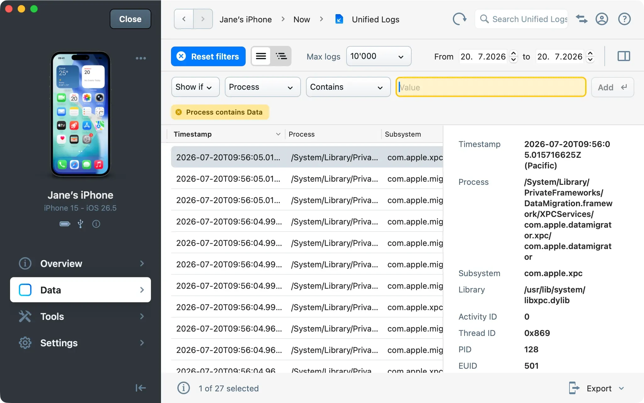 Unified Logs toolbar with Filters, Max logs, date range, and search