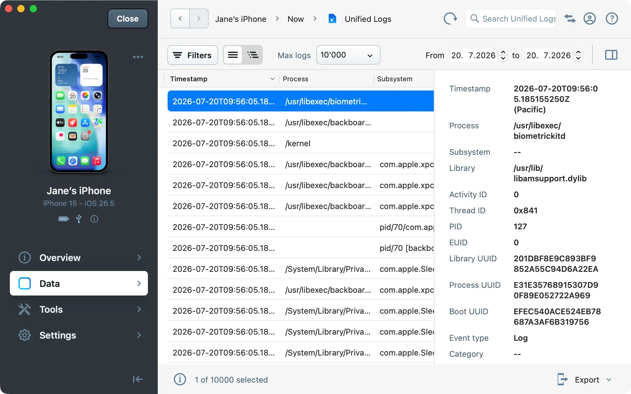 Unified Logs view with log entries and detail panel open