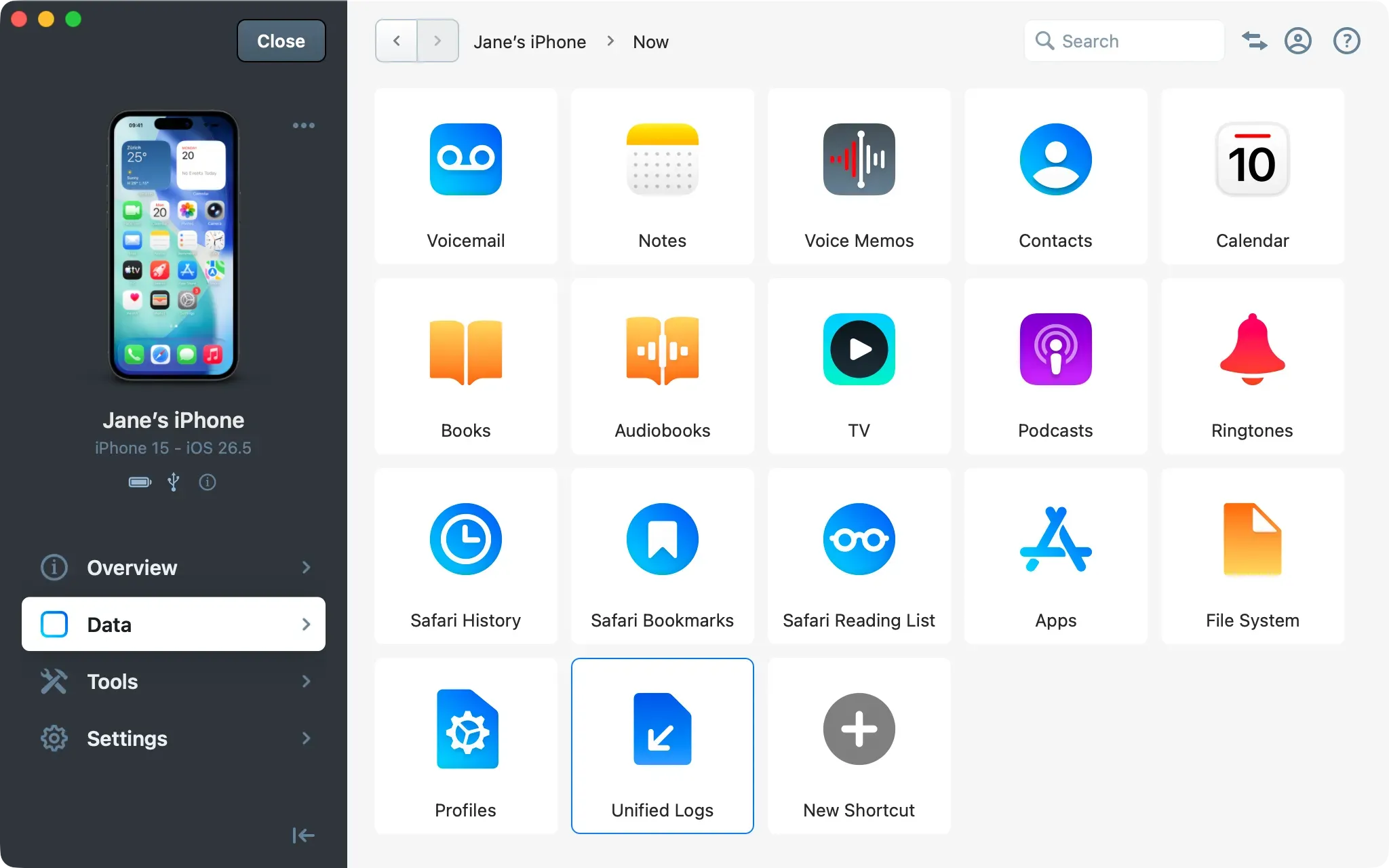 Unified Logs tile selected in the iMazing Data section