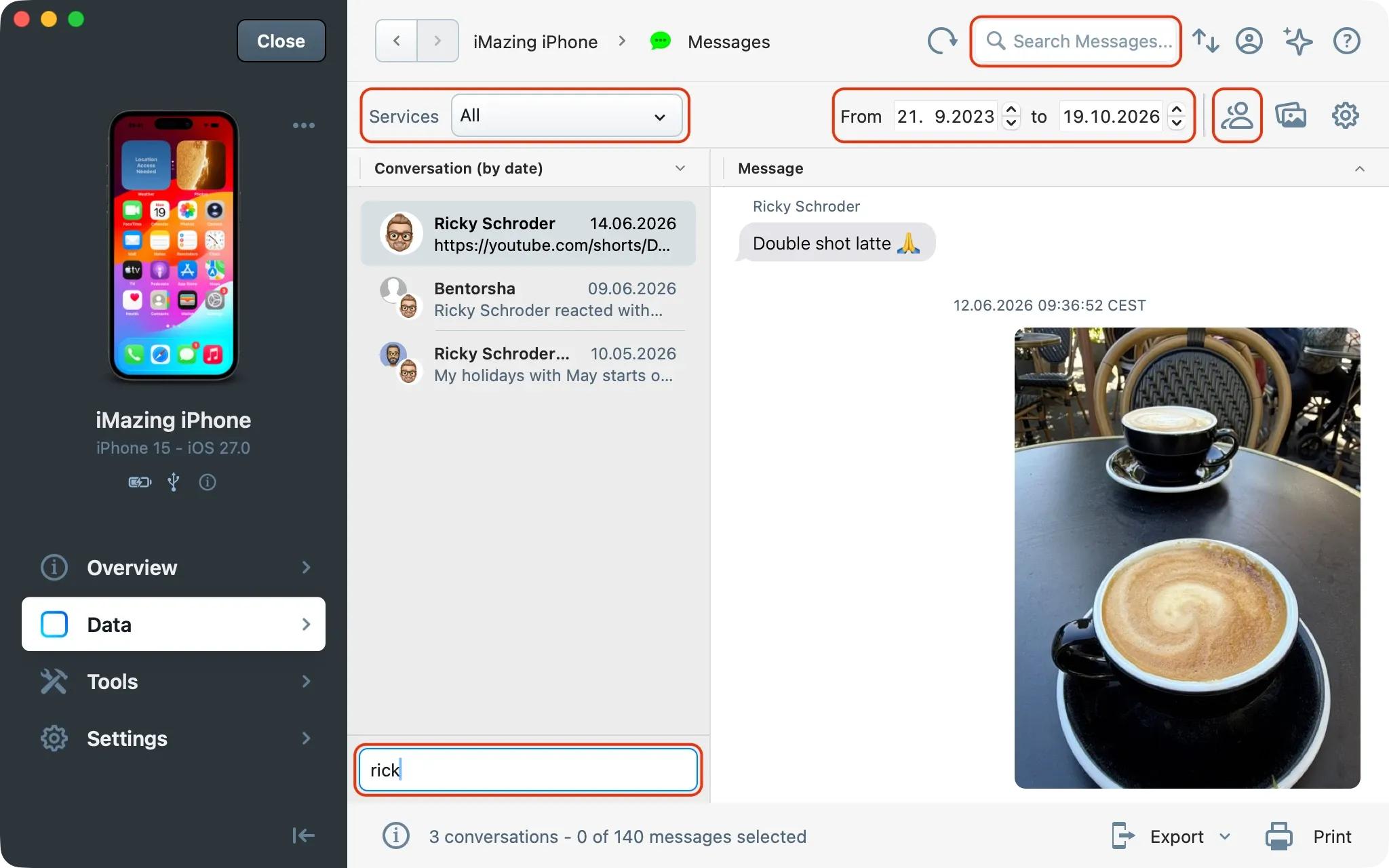 iMazing Messages view with the Services menu, From and to dates, person icon, Search Messages... and Search outlined in red