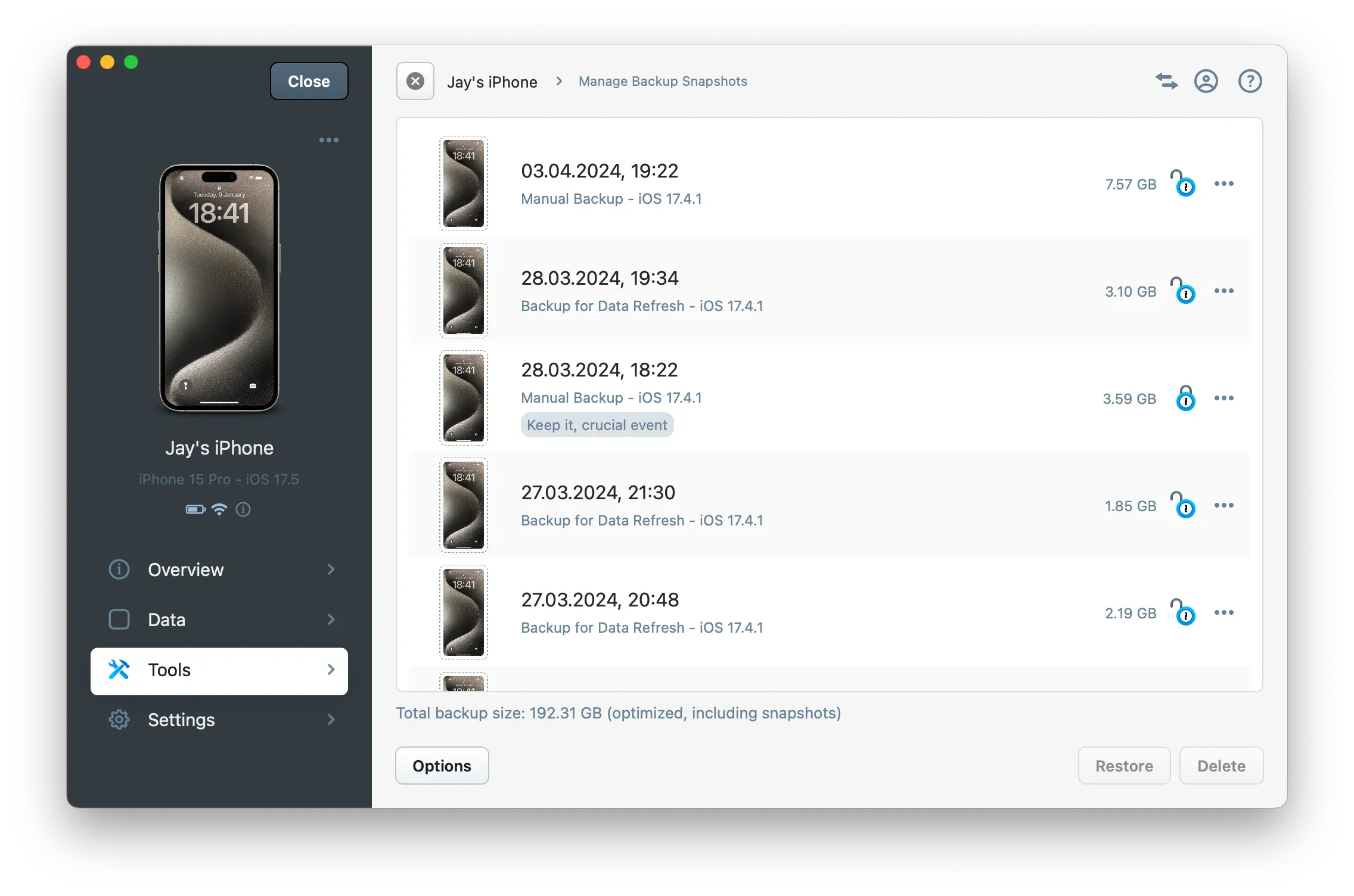 iMazing 3 Device Settings - Manage Backup Snapshots View
