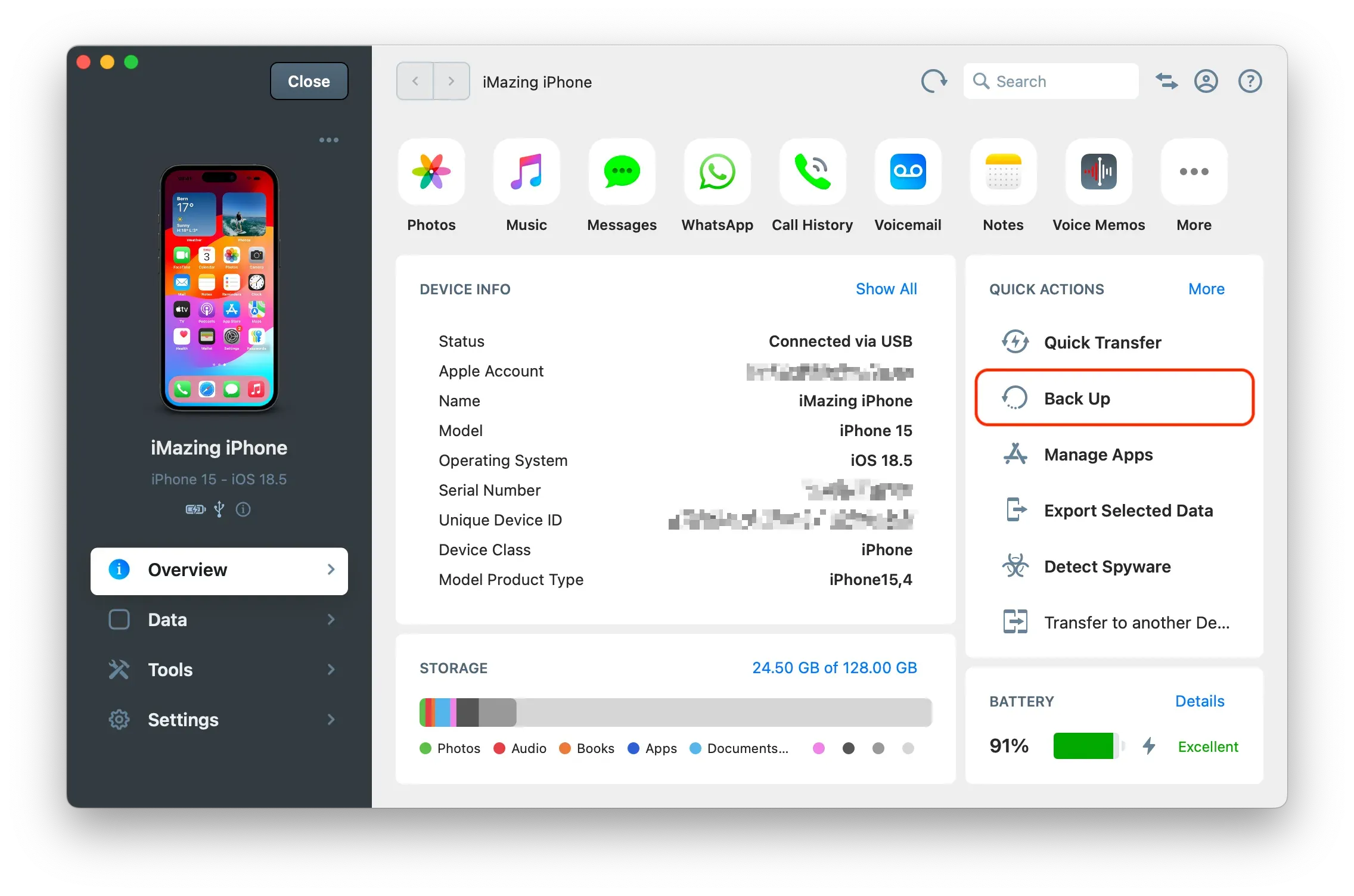 iMazing, Overview Section with Backup Button Highlighted