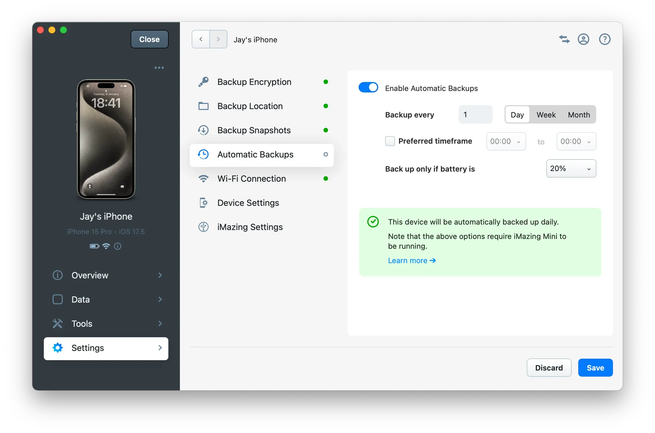iMazing 3 Device Settings - Automatic Backups