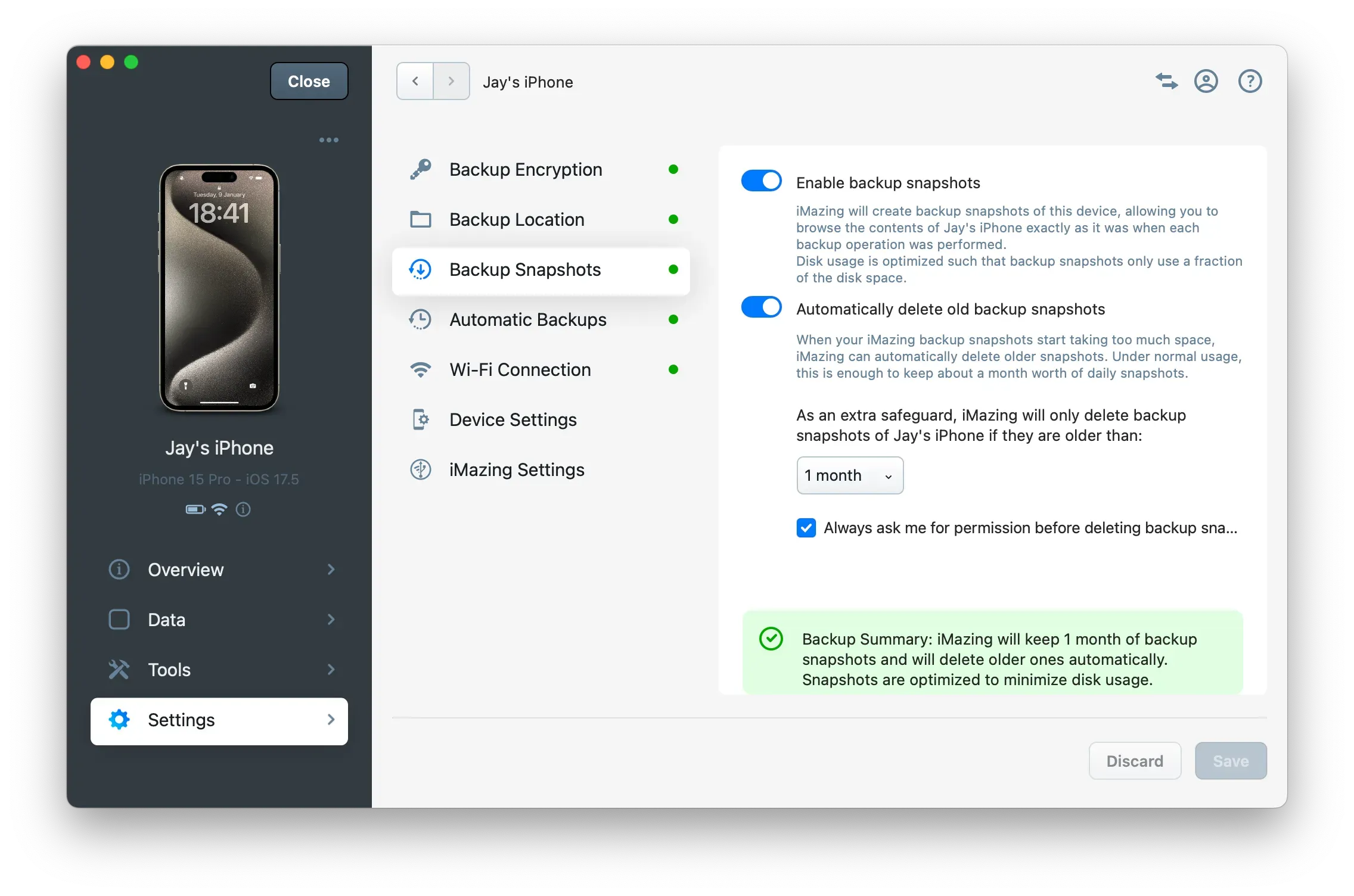 iMazing 3 Device Settings - Backup Snapshots