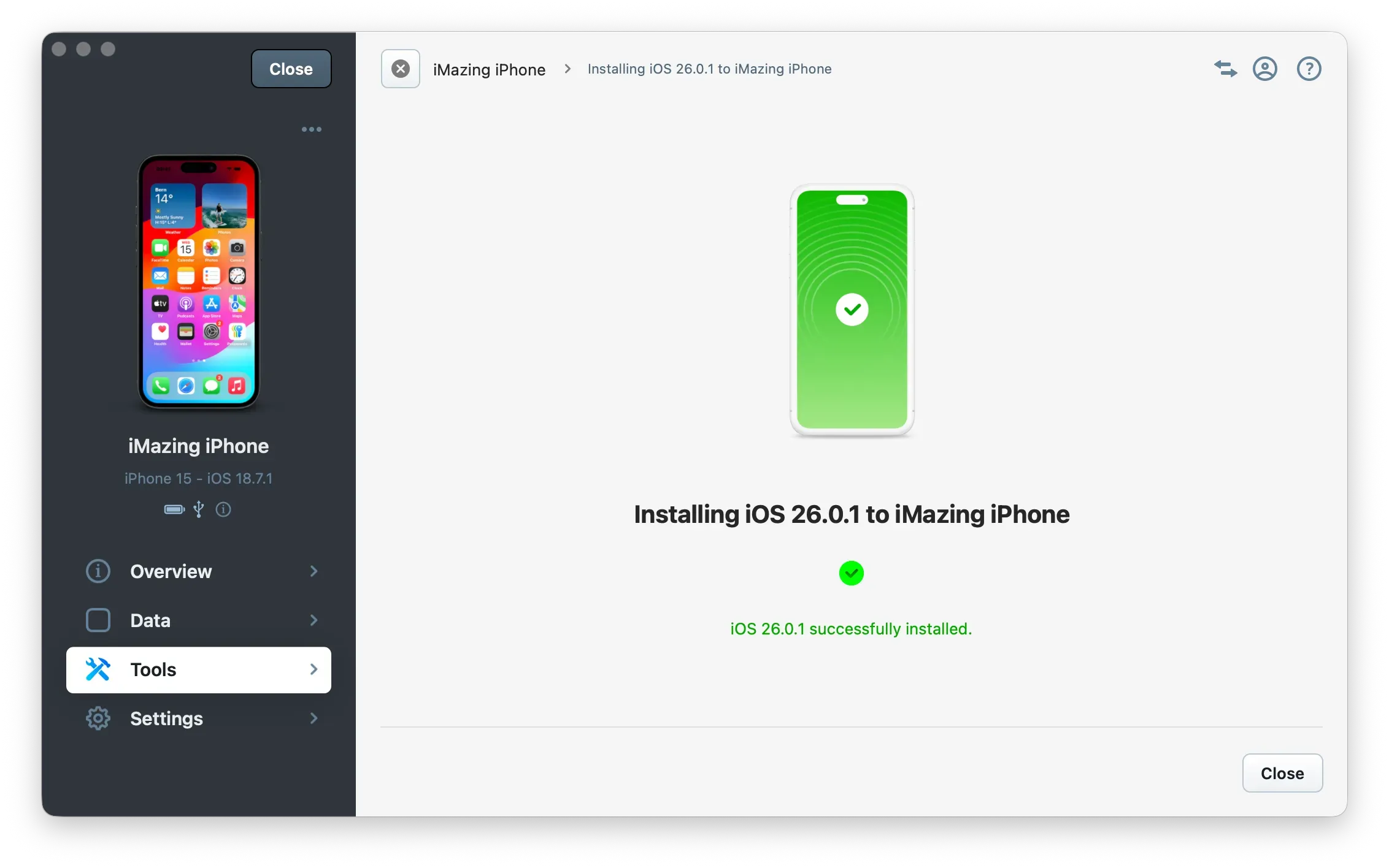 iMazing installed iOS successfully
