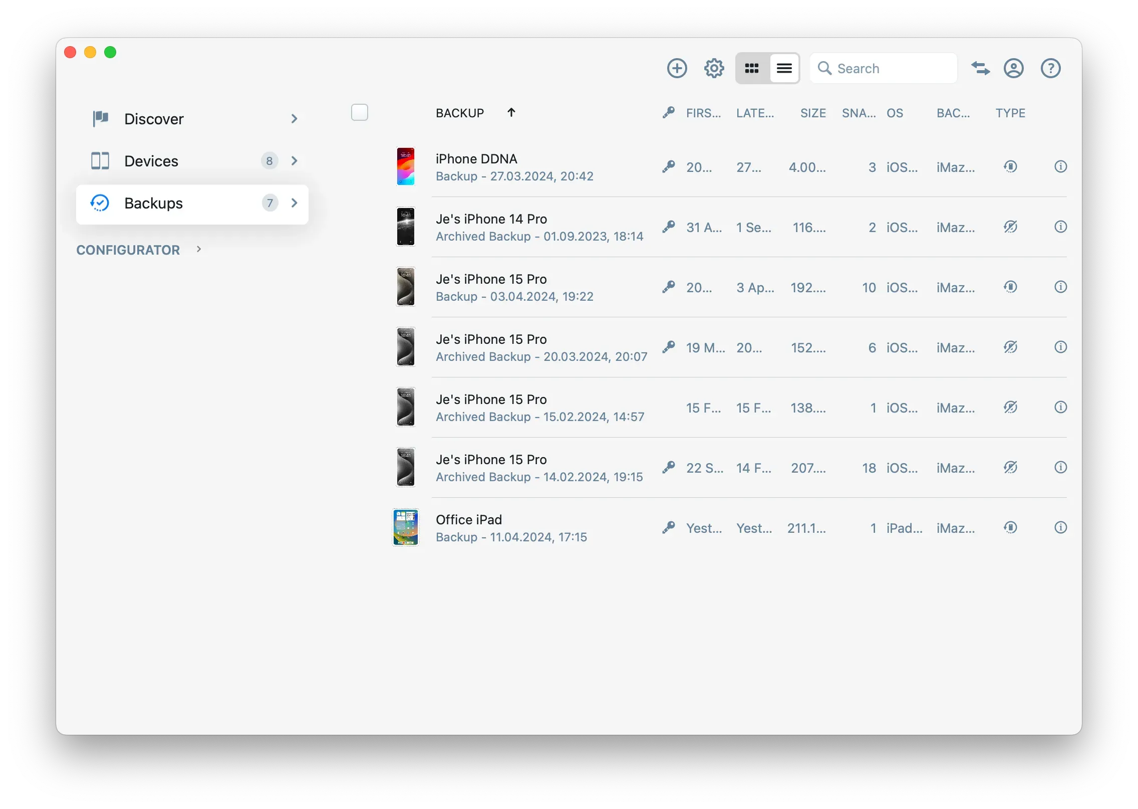 iMazing 3 Backups List View