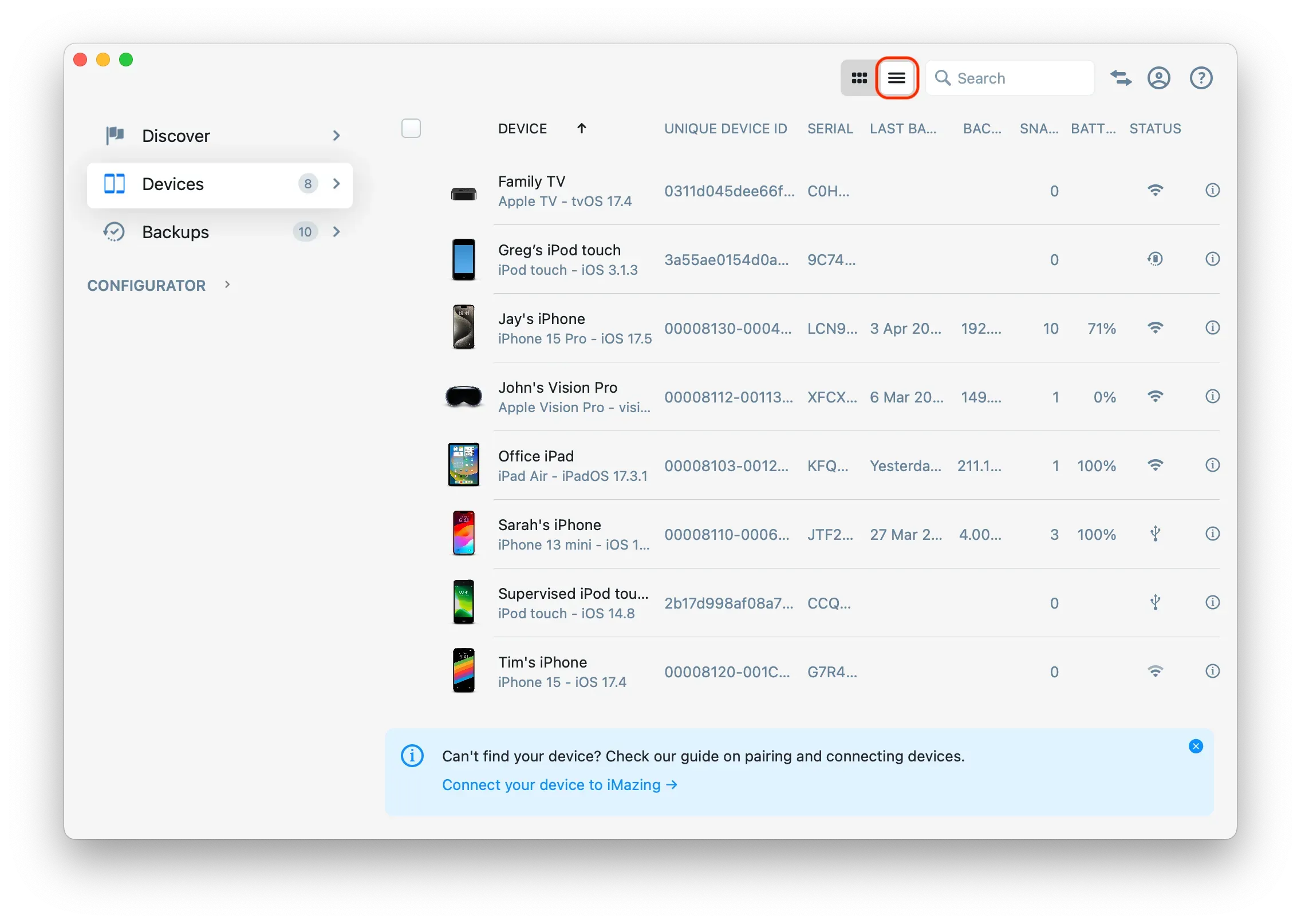 iMazing 3 Home Screen - Devices List View