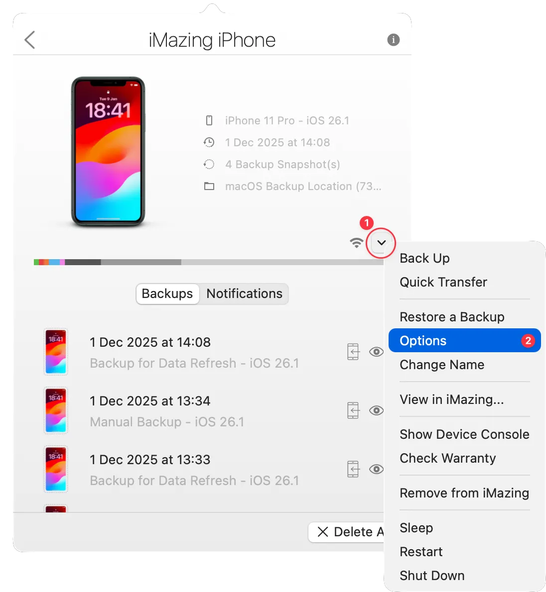iMazing Mini device view showing the actions dropdown menu.