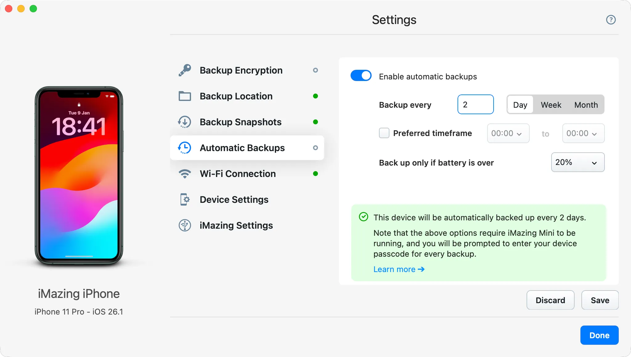 iMazing Mini — Automatic Backups settings panel showing frequency, preferred timeframe, and battery threshold options.