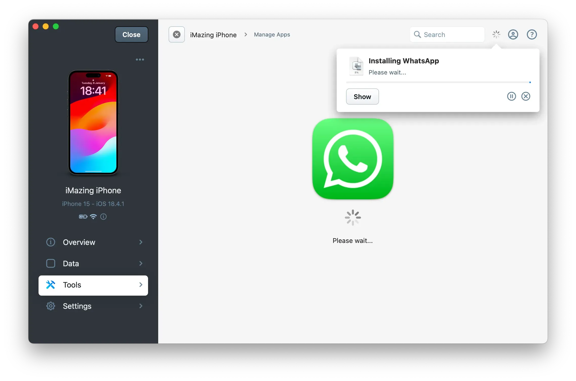 iMazing Manage Apps Install Progress