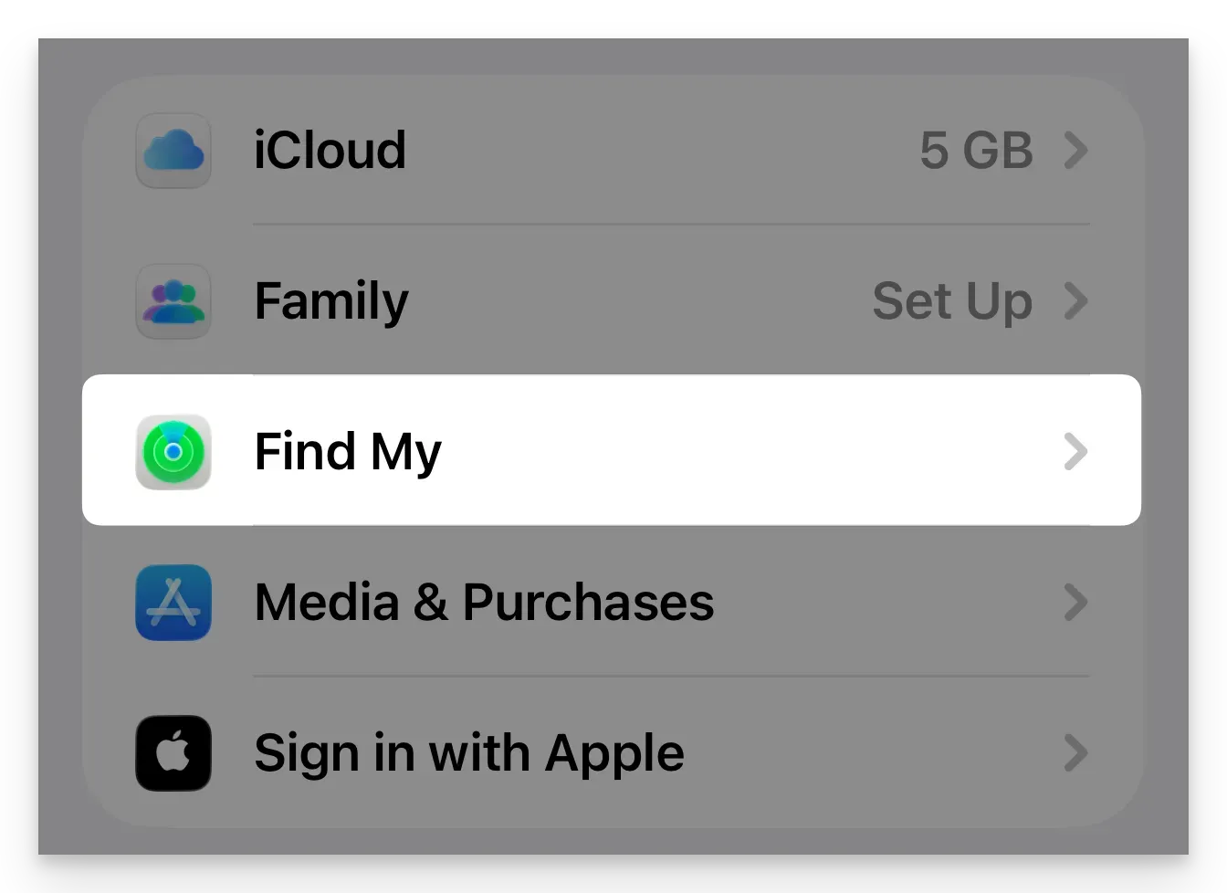 iOS view with Find My highlighted