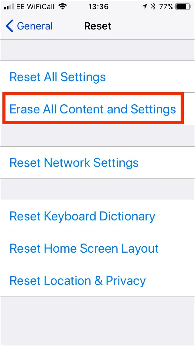 iOS Erase All Contents and Settings Screenshot