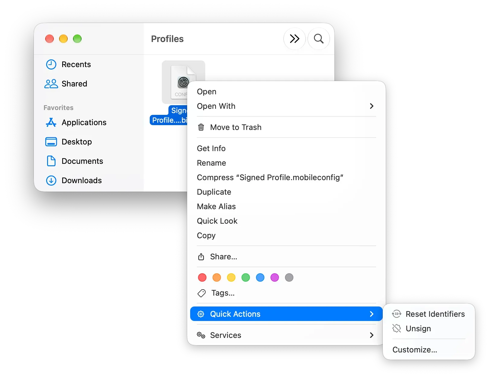 Reset Identifiers and Unsign in the Finder Quick Actions menu.