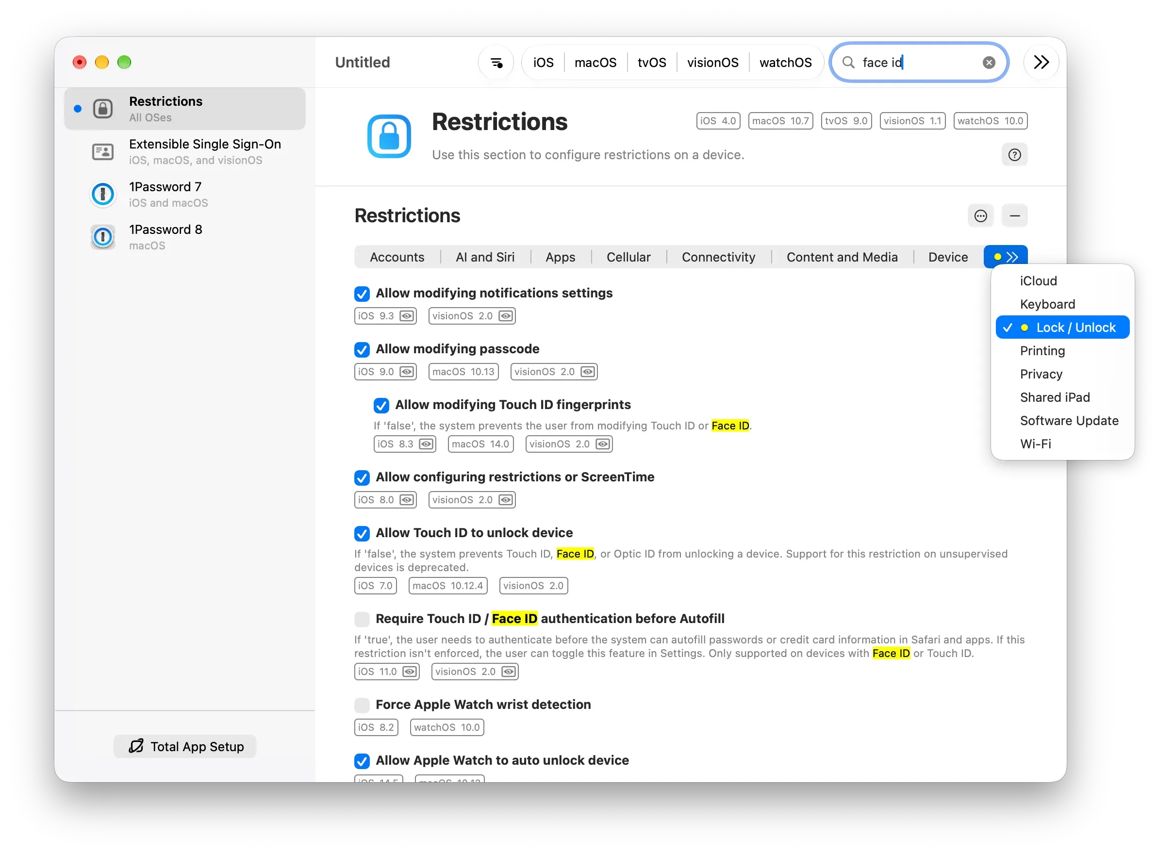 The group overflow menu and highlighted search terms in the Restrictions payload.