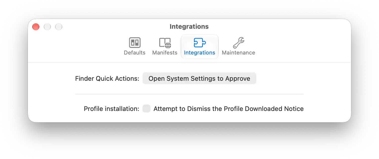 The Open System Settings to Approve button in the Integrations tab of the iMazing Profile Editor settings.